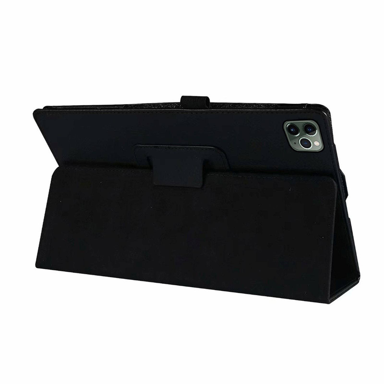 Eine schwarze Tablethülle ist geöffnet und zeigt das Innere und das Tablet. Die Hülle ist schwarz und Leder.