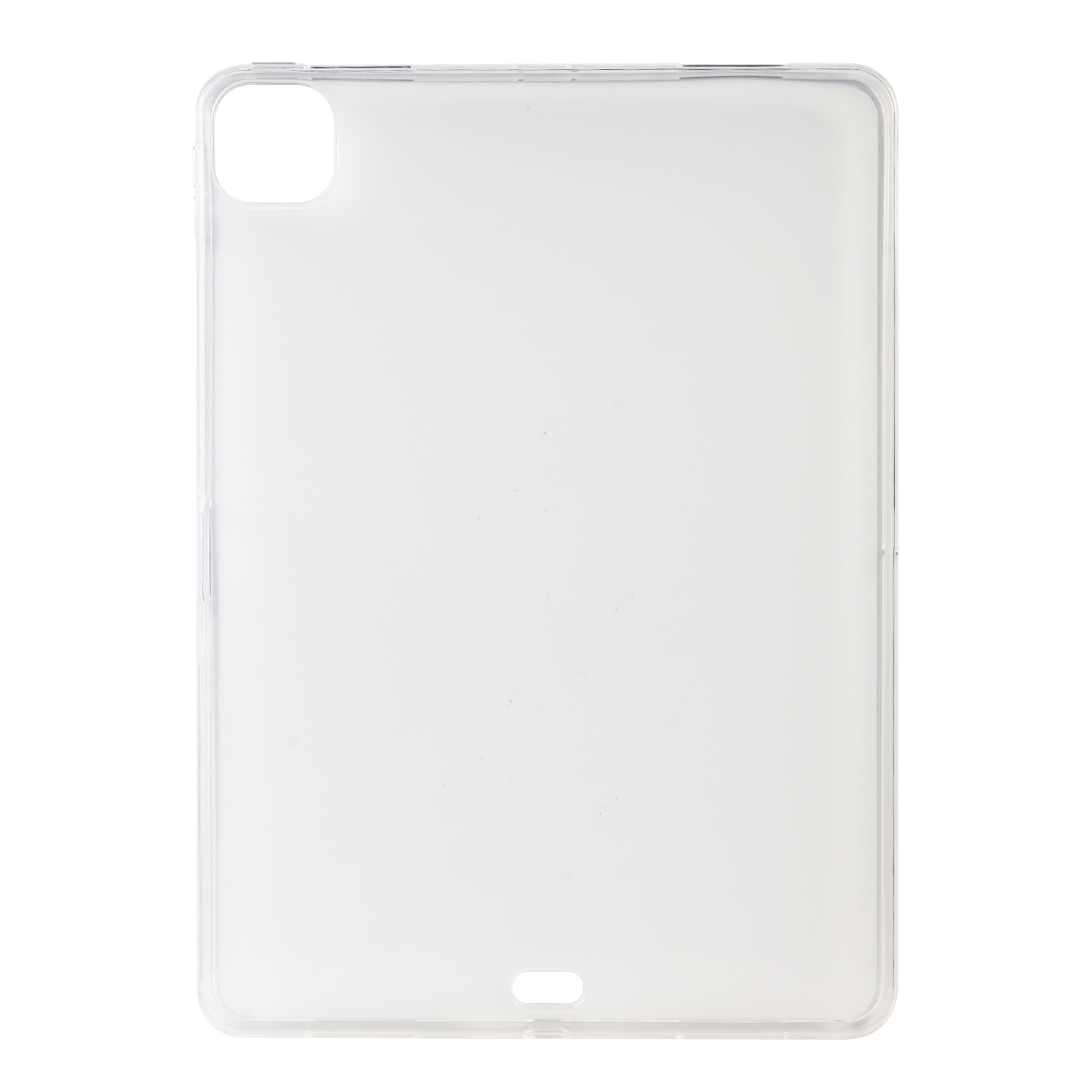 Eine transparente Tablet-Hülle. Sie ist rechteckig mit abgerundeten Ecken und einem Kameraausschnitt.