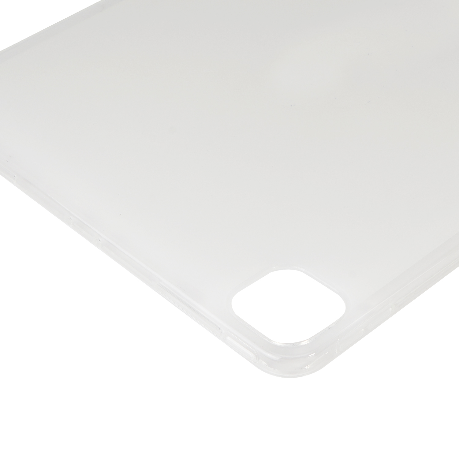 Eine transparente Tablet-Hülle aus Kunststoff, mit einem Ausschnitt für eine Taste.
