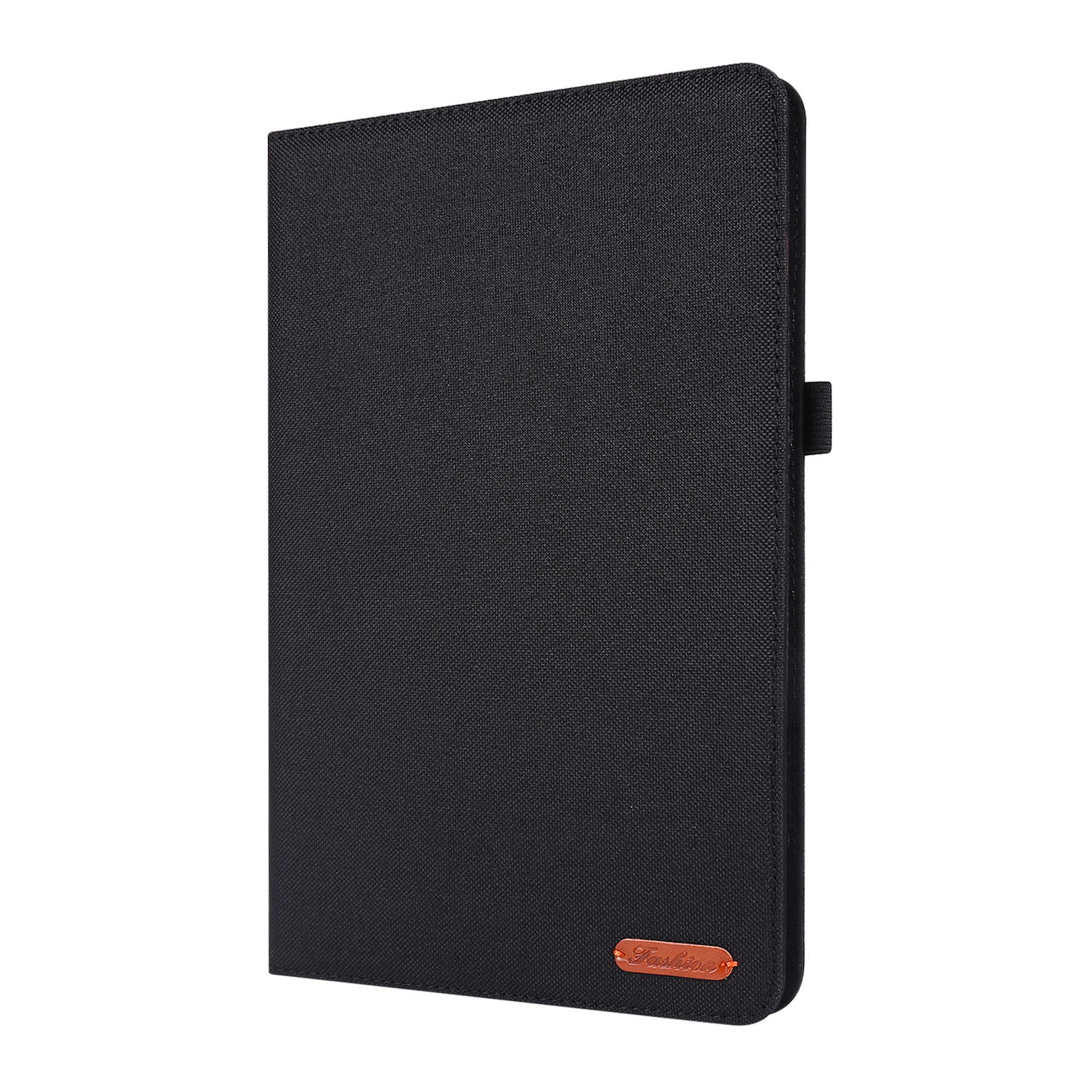 Schwarze Tablet-Hülle, geschlossen, mit strukturierter Oberfläche und kleinem orangefarbenem Logo unten.