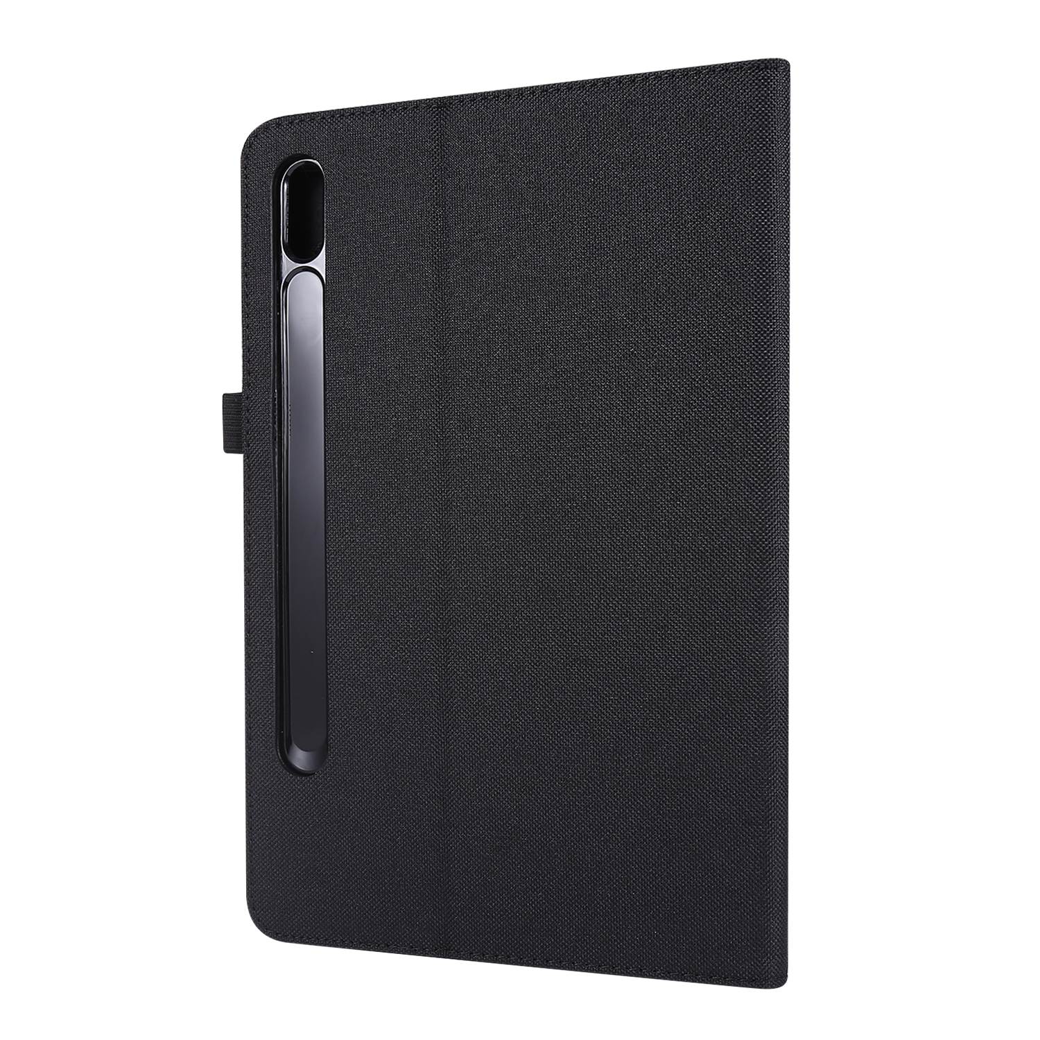 Schwarze Tablet-Hülle mit Stifthalter und schwarzer strukturierter Oberfläche. Weißer Hintergrund.