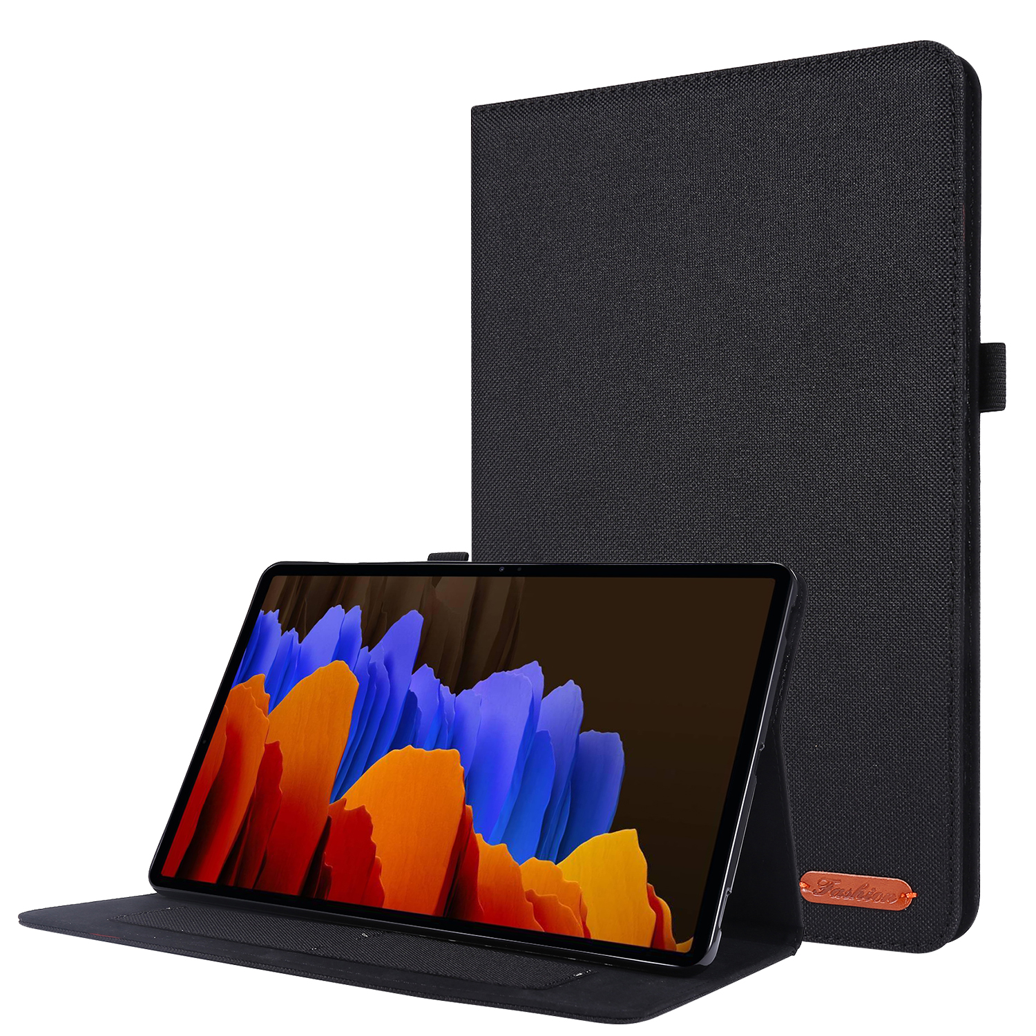 Tablet ist in einer schwarzen Hülle und eingerichtet, mit einem schwarzen Tablet mit orangefarbenen und blauen Grafiken.