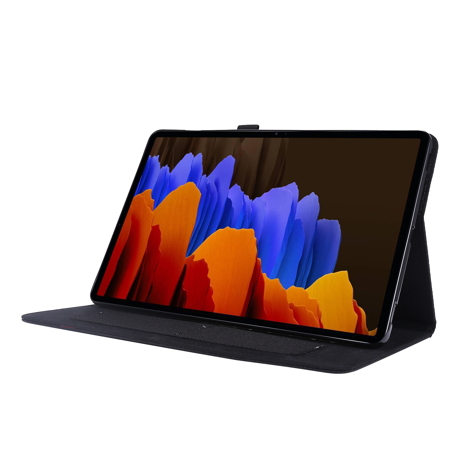 Tablet in einer Hülle, aufgestellt. Der Bildschirm zeigt farbenfrohe Kunst.