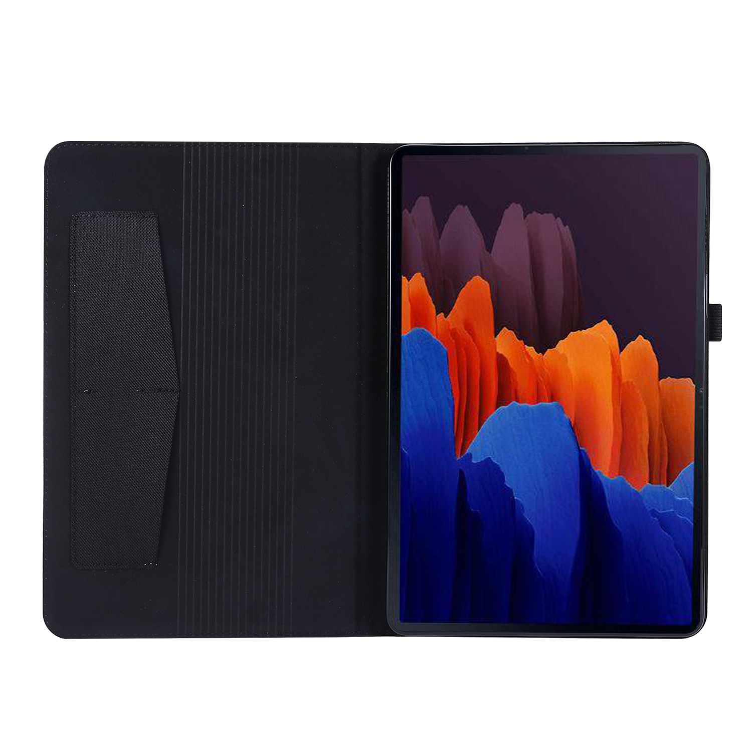 Geöffnete schwarze Tablet-Hülle mit abstraktem orange-blauem Design auf dem Bildschirm.