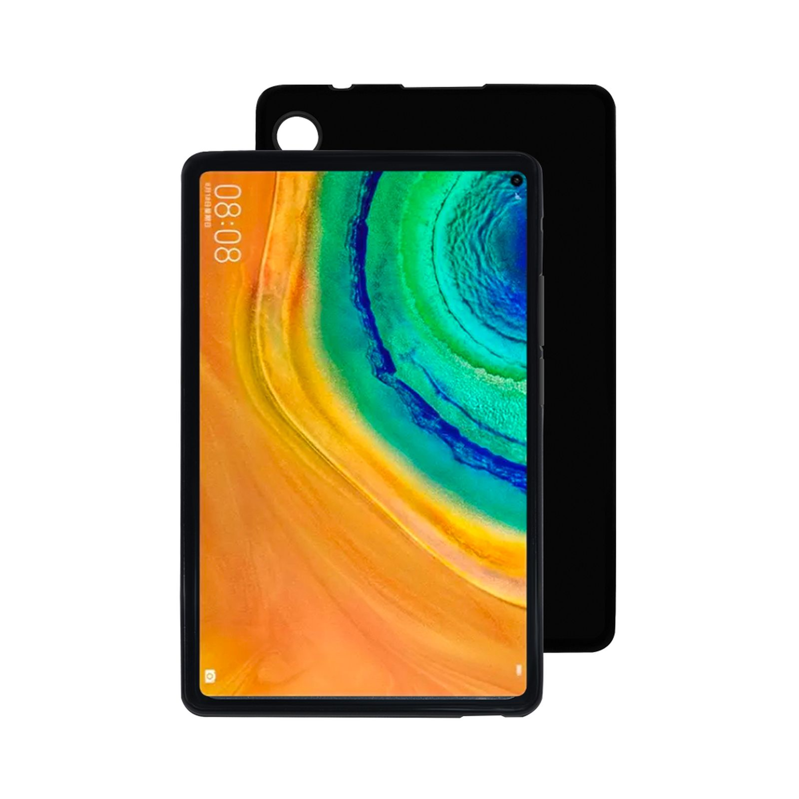 Schwarzes Tablet mit Bildschirm, der eine Uhrzeit anzeigt. Es ist in einer schwarzen Hülle.