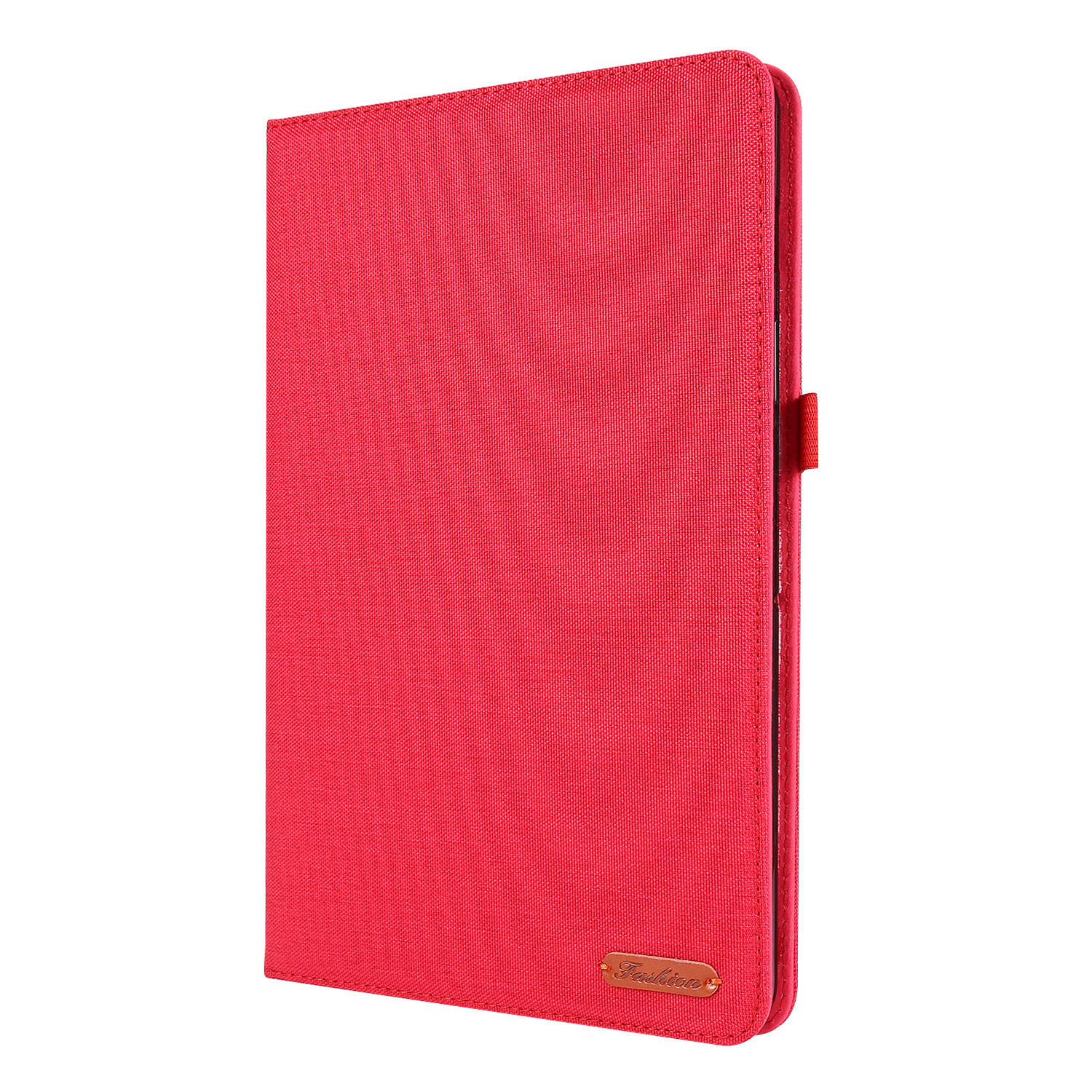 Rote Tablet-Hülle. Die Hülle ist geschlossen. Es ist einfarbig rot, mit lederartiger Textur.