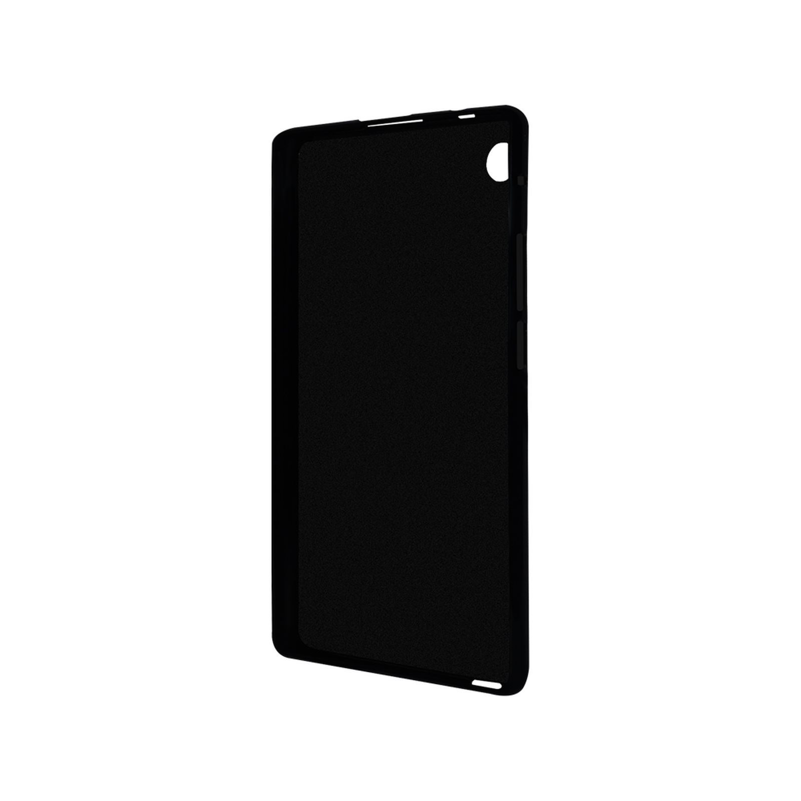 Schwarze Tablet-Hülle, leer, vor weißem Hintergrund. Einfaches Design, keine zusätzlichen Funktionen.