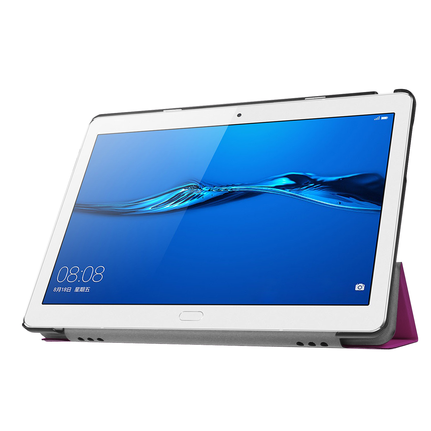 Ein Tablet mit blauem Bildschirm, geöffnet in einem rosa Etui auf weißem Grund.