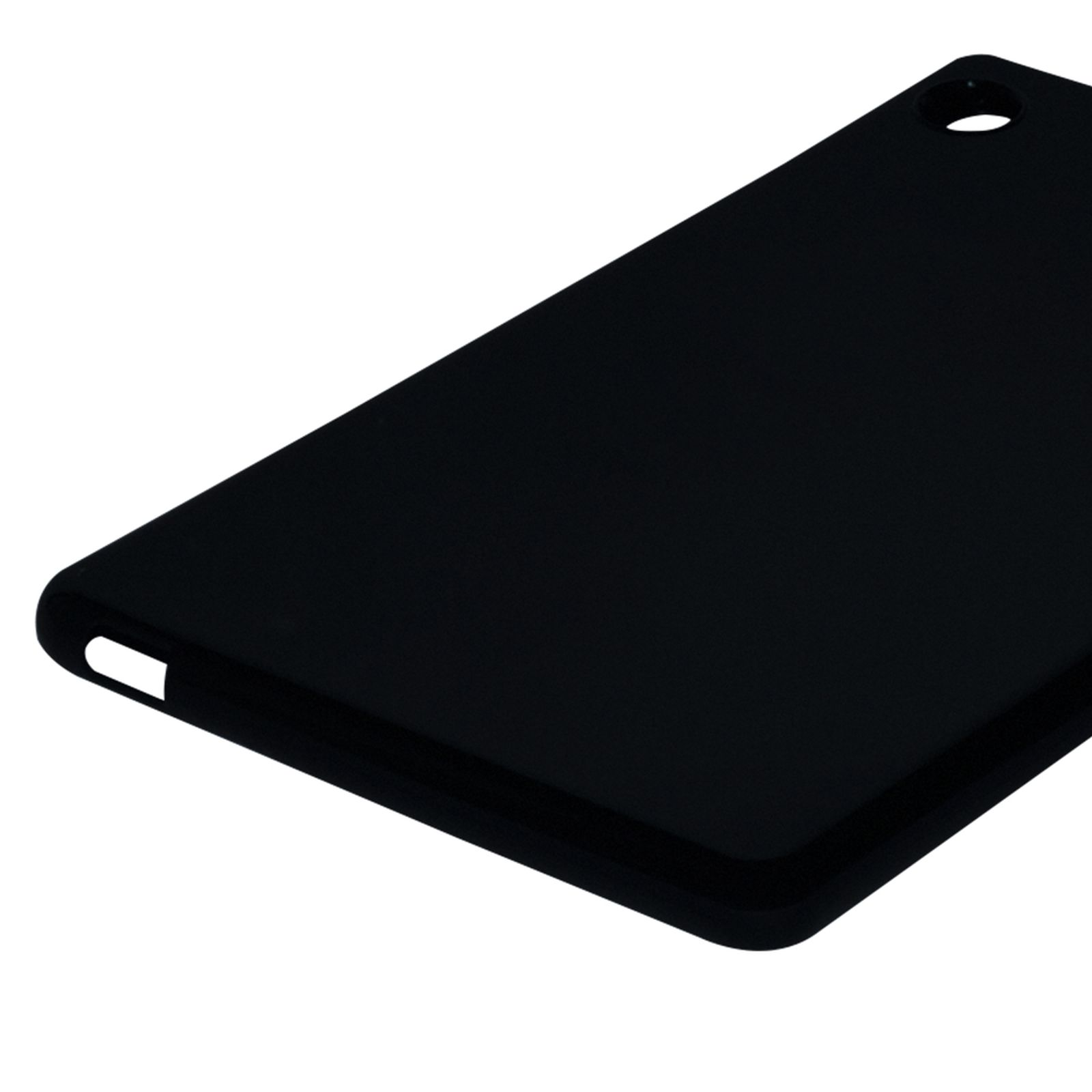 Schwarze Tablet-Hülle. Die Hülle hat einen Ausschnitt für die Kamera.