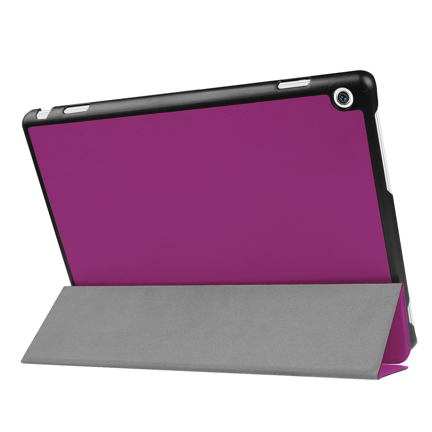 Ein Tablet in einer lila Hülle mit einem grauen Ständer. Das Tablet ist geöffnet und zeigt den Bildschirm.