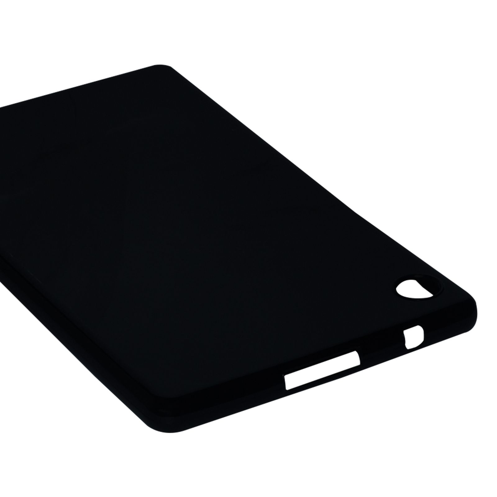 Schwarzes Tablet ohne Hülle, mit Anschlüssen zum Aufladen und Lautsprechern unten.