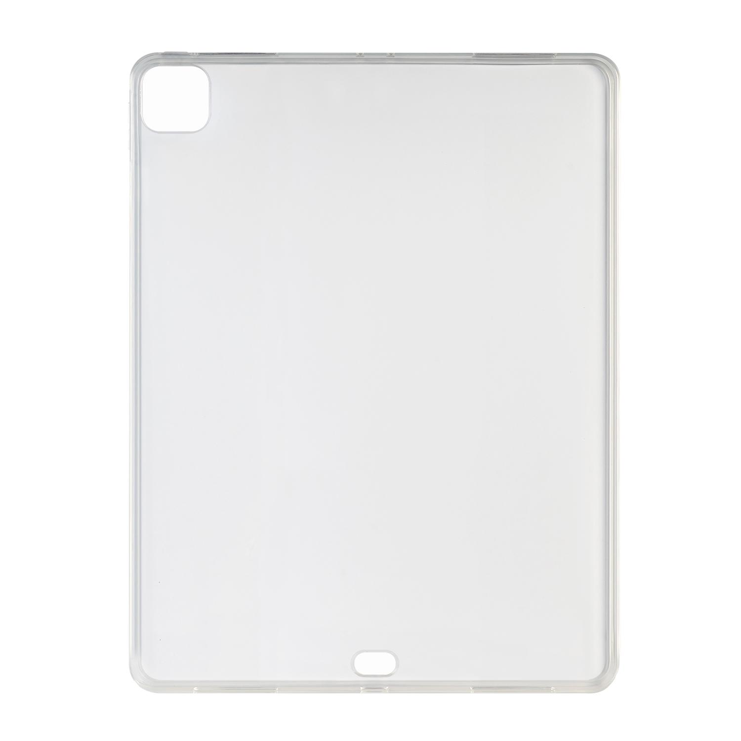 Transparente Tablet-Hülle. Rechteckig mit Kameraausschnitt oben links und Ladeanschluss unten.
