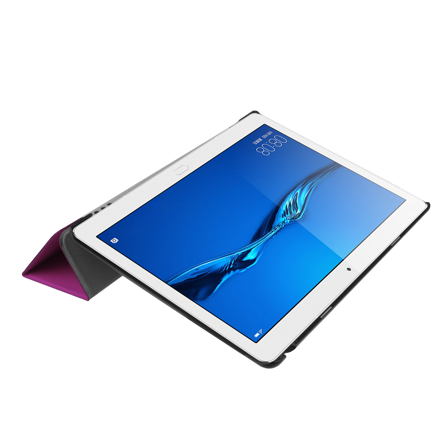 Tablet mit Bildschirm, der die Uhrzeit anzeigt, in einem Gehäuse. Gehäuse ist schwarz und pink.