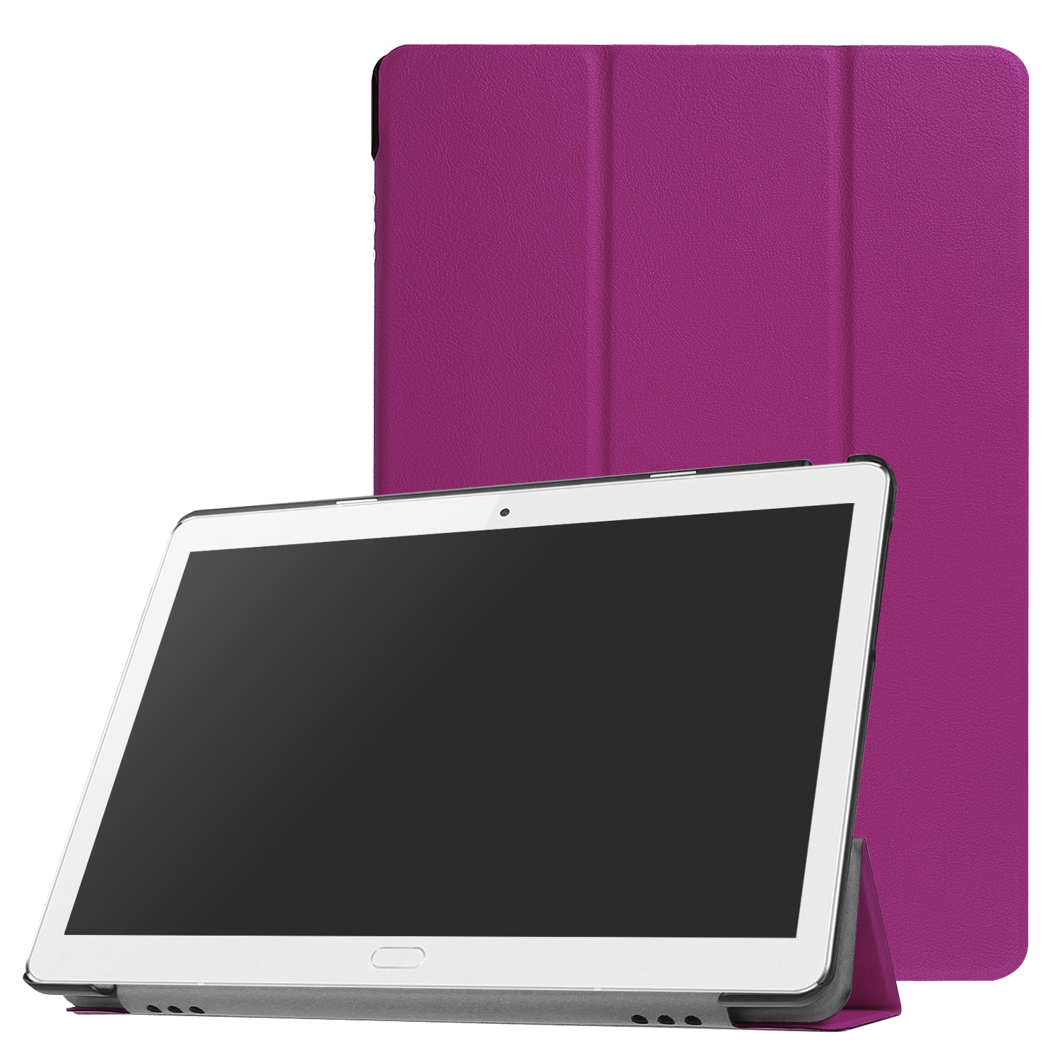 Tablet in Hülle und separate lila Hülle. Tablet mit geöffneter Hülle angezeigt.