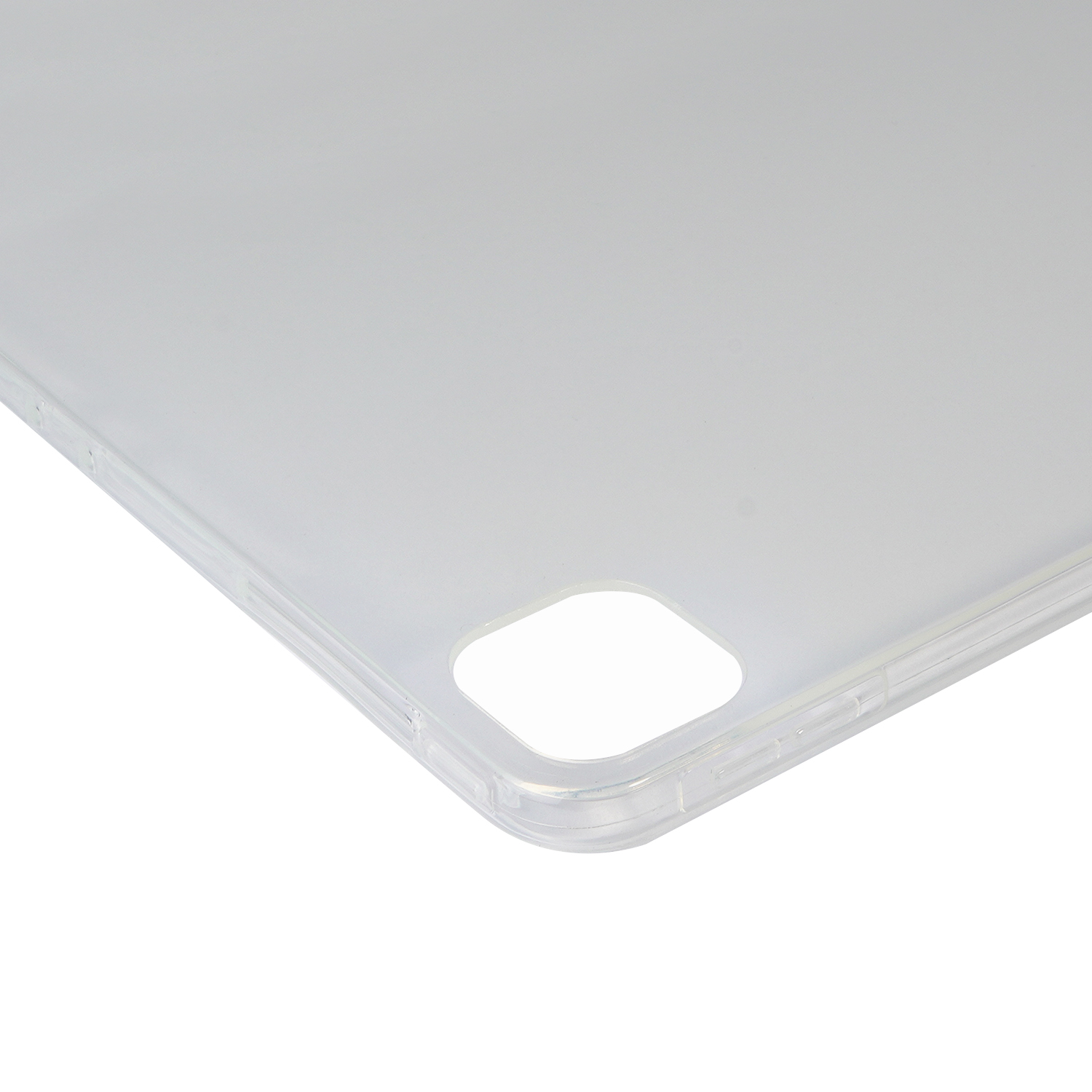 Klare Kunststoffhülle für ein Tablet. Die Ecke hat einen Ausschnitt für einen Knopf.