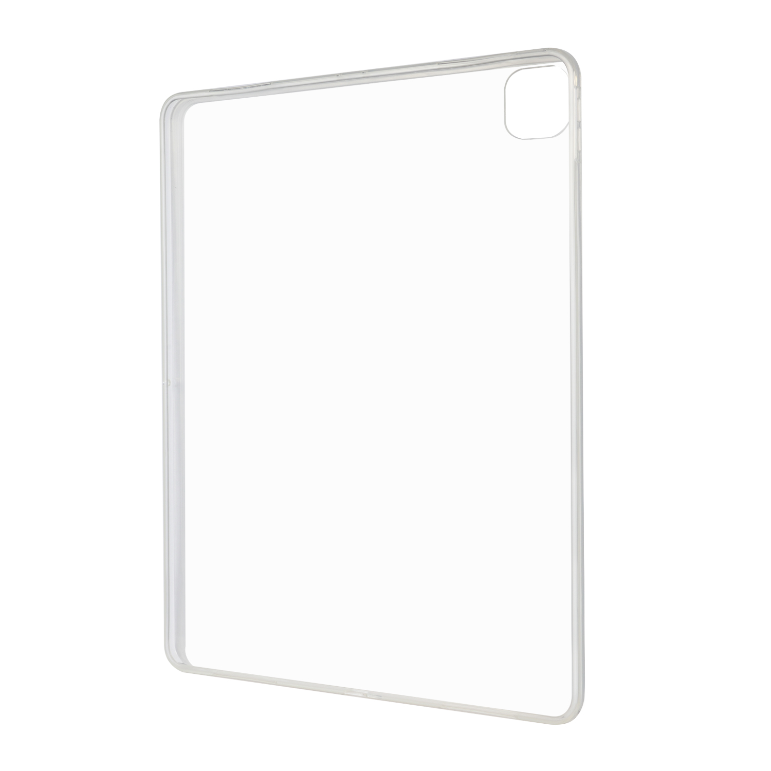 Transparente Tablethülle. Die Hülle ist transparent mit Kameraausschnitt und abgerundeten Kanten.