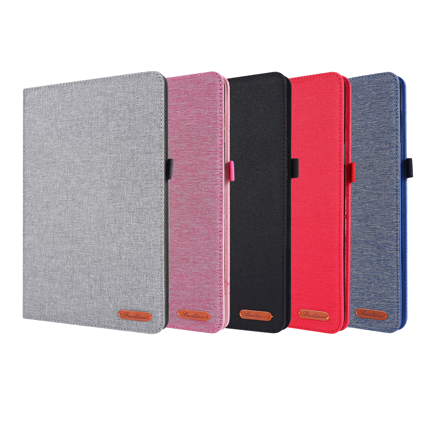Fünf Tablethüllen in verschiedenen Farben: grau, rosa, schwarz, rot und blau. Jede mit lederartiger Textur.