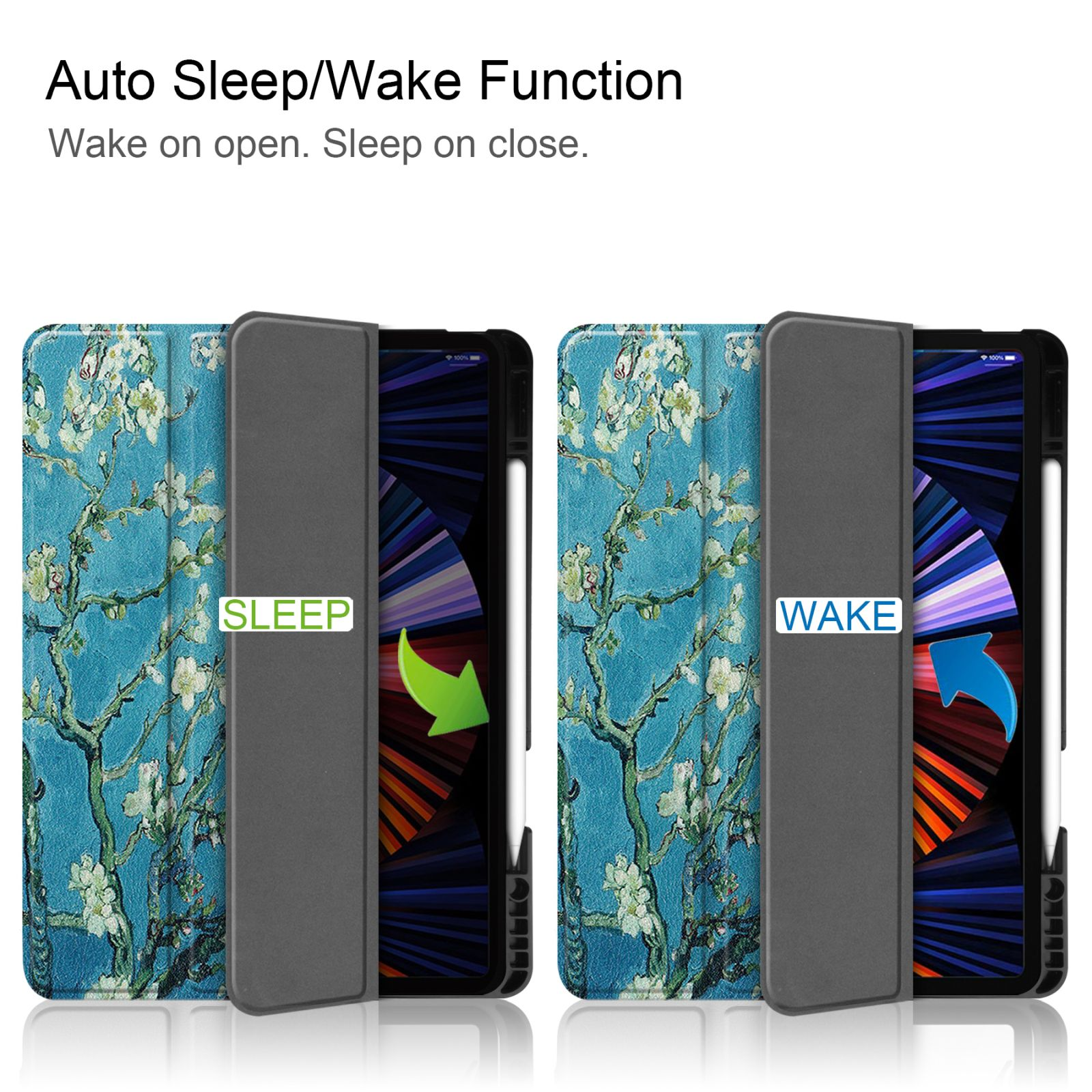 Zwei Tablet-Hüllen, eine offen und eine geschlossen, mit floralem Design. Text zeigt Auto-Sleep/Wake-Funktion.