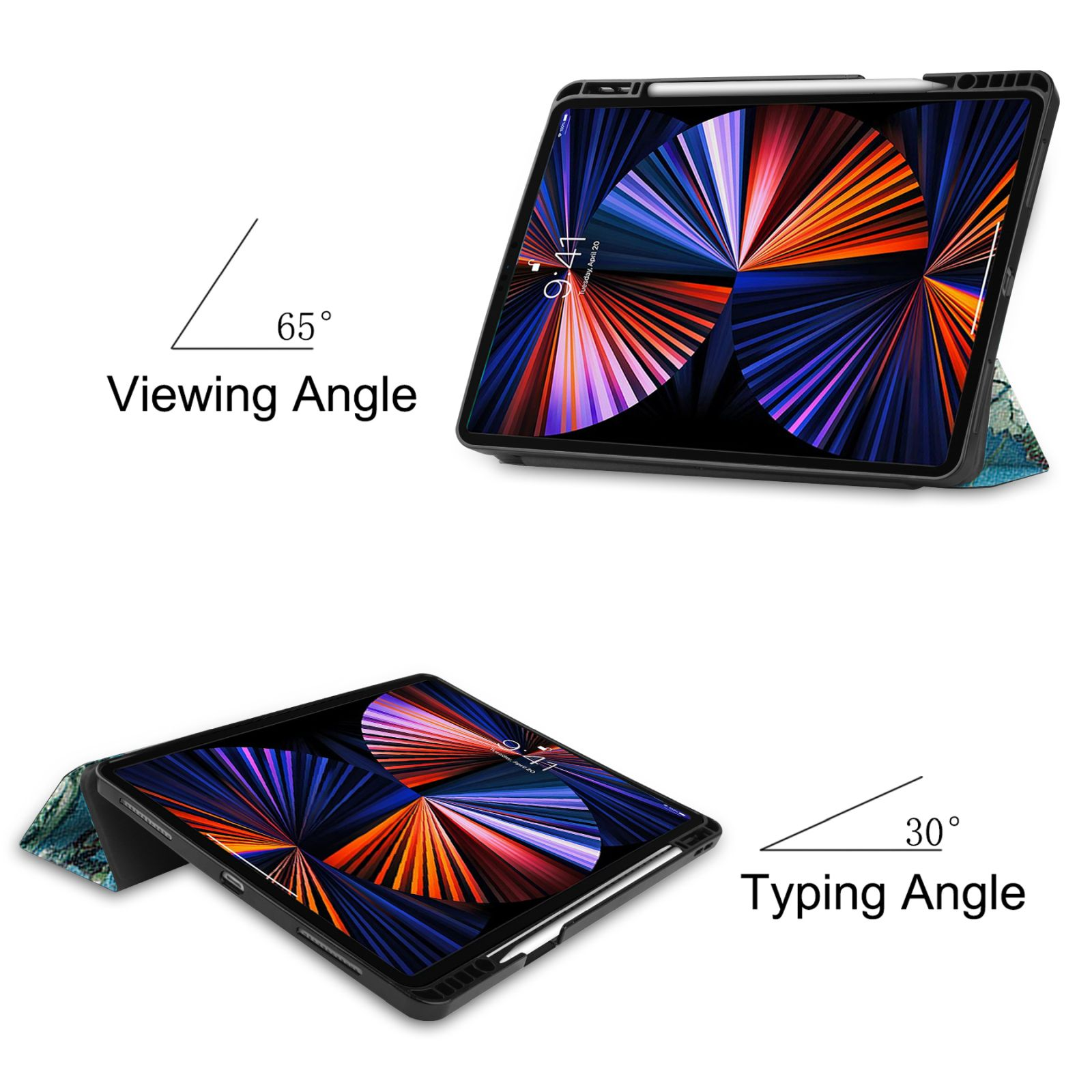 Tablet in Hülle, mit Betrachtungs- und Tippwinkeln. Bildschirm zeigt farbenfrohes, abstraktes Design.
