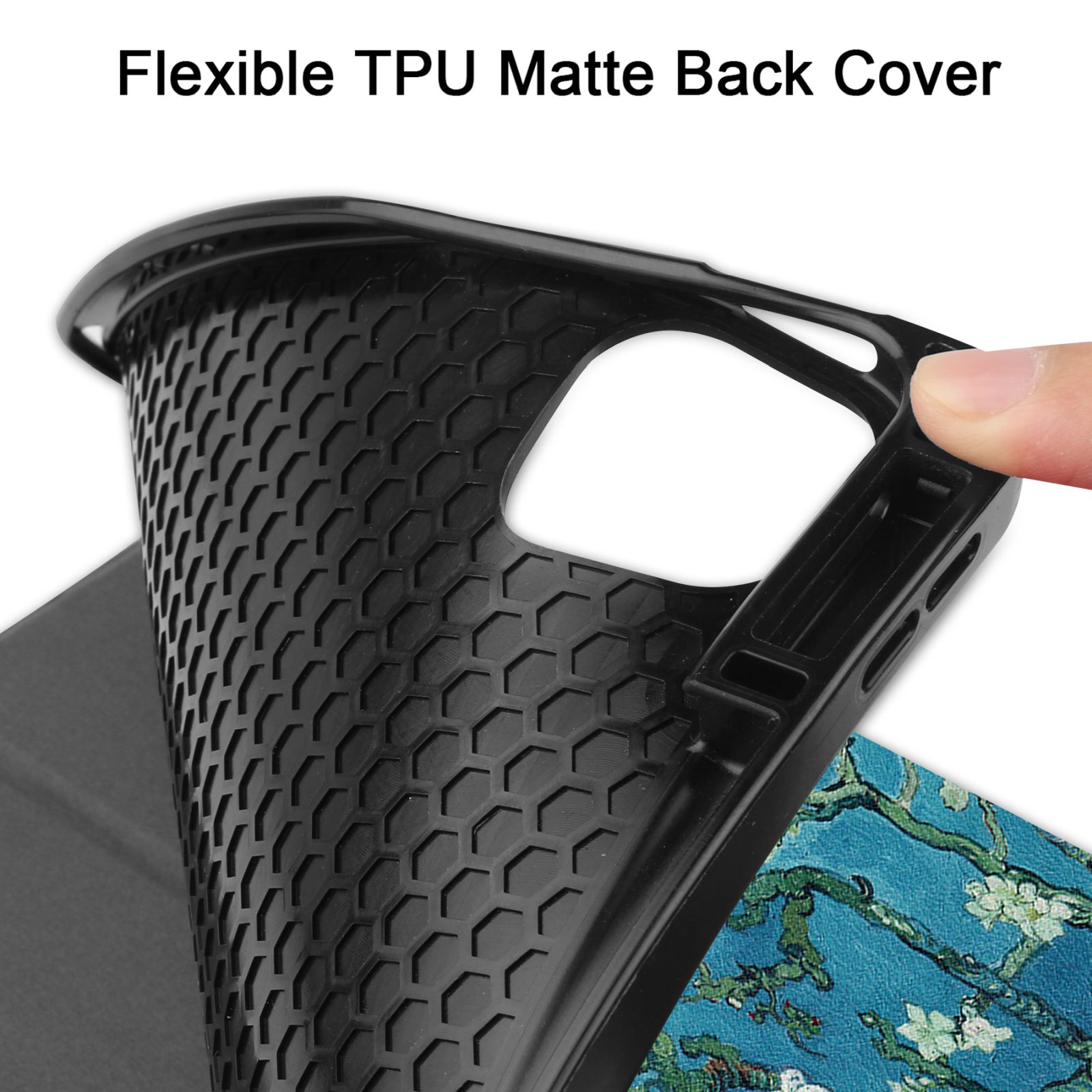 Nahaufnahme einer schwarzen, flexiblen TPU-Matte-Rückabdeckung mit Wabenmuster, gehalten von einer Hand.
