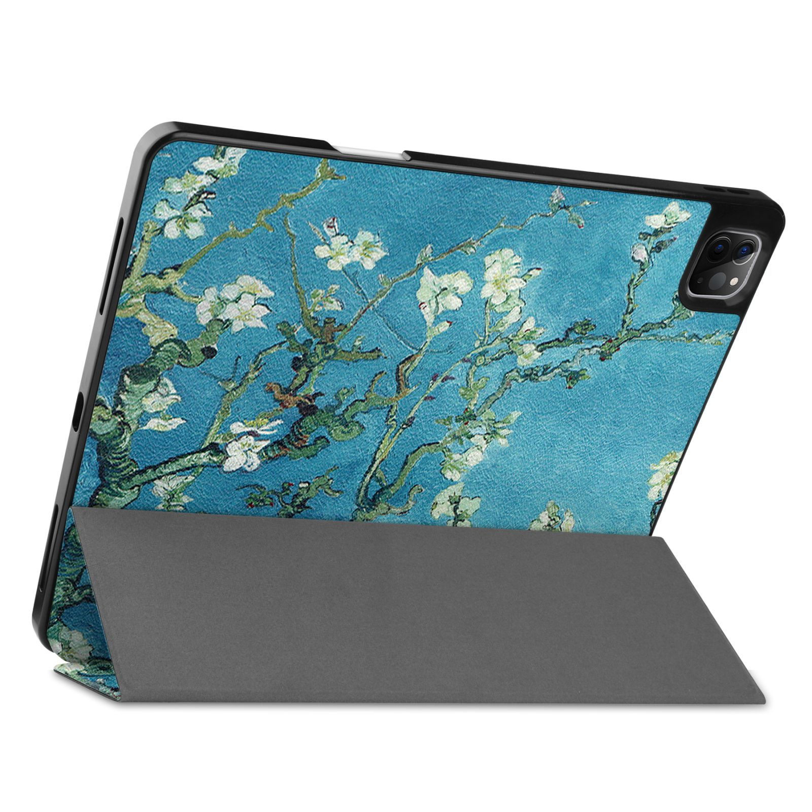 Tablet-Hülle mit Van Goghs Mandelblüte. Die Hülle ist schwarz mit einem faltbaren grauen Cover.