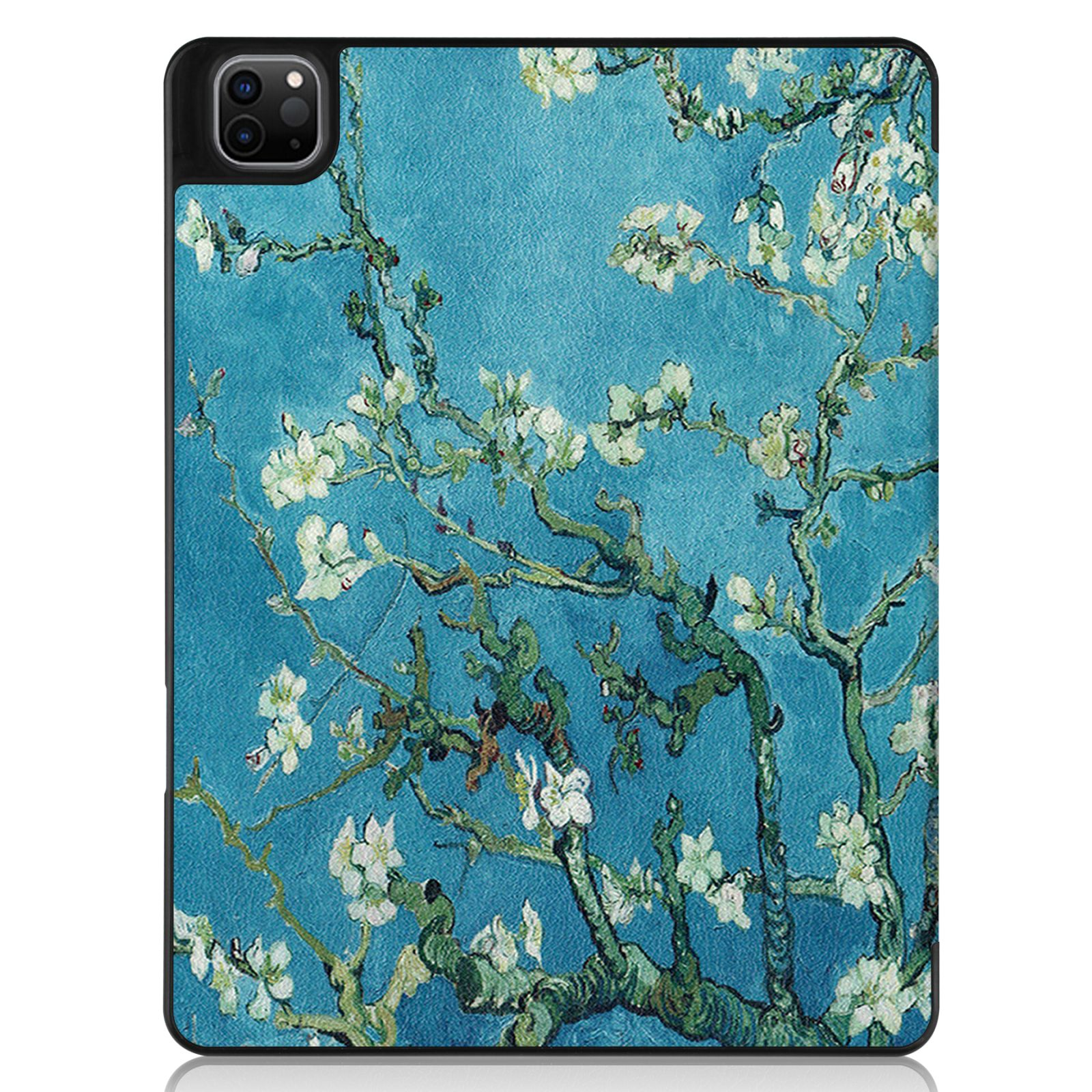 Tablethülle mit Blumendesign, blauem Hintergrund und weißen Blüten.