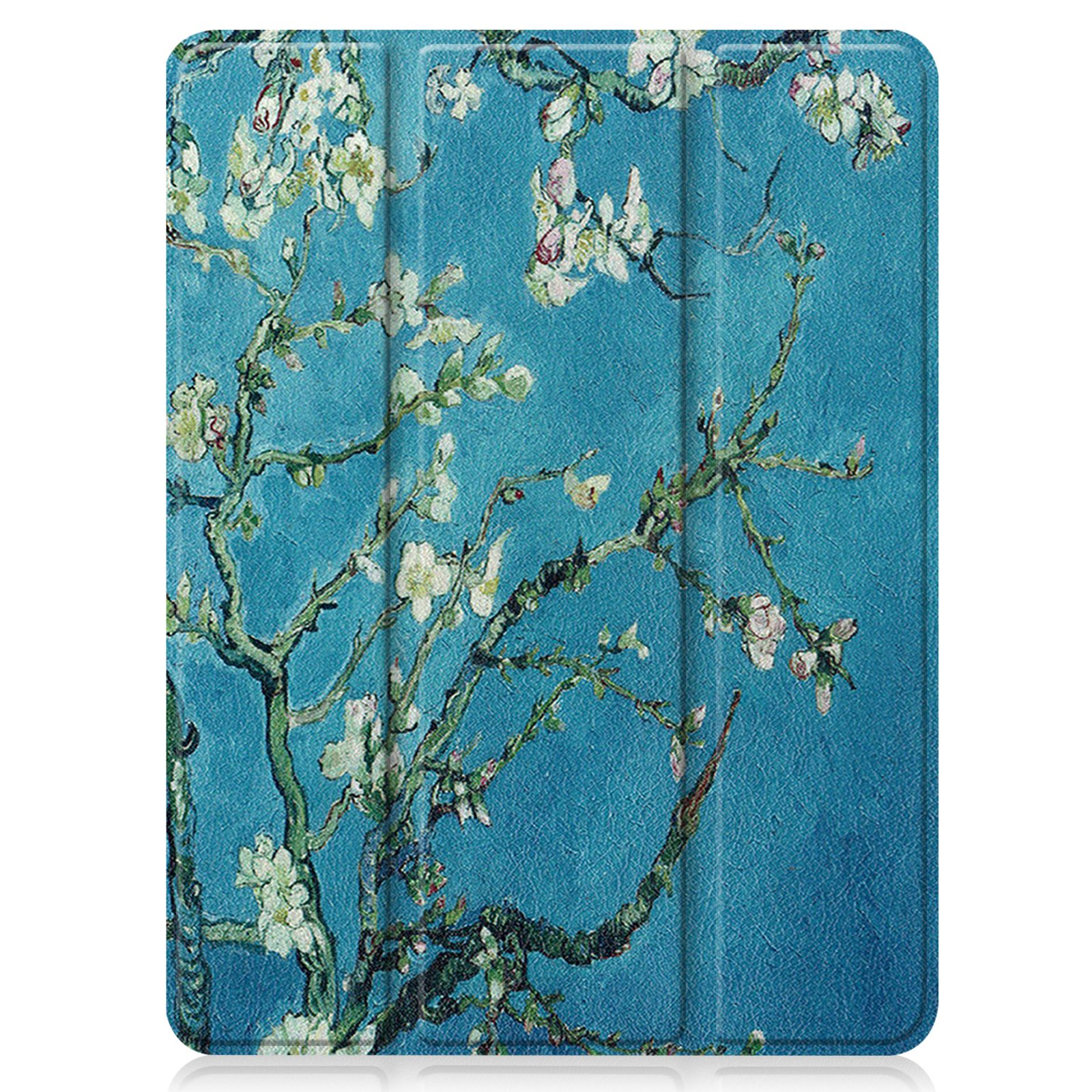 Tablethülle mit Van Goghs Mandelblüten-Gemälde auf blauem Hintergrund.