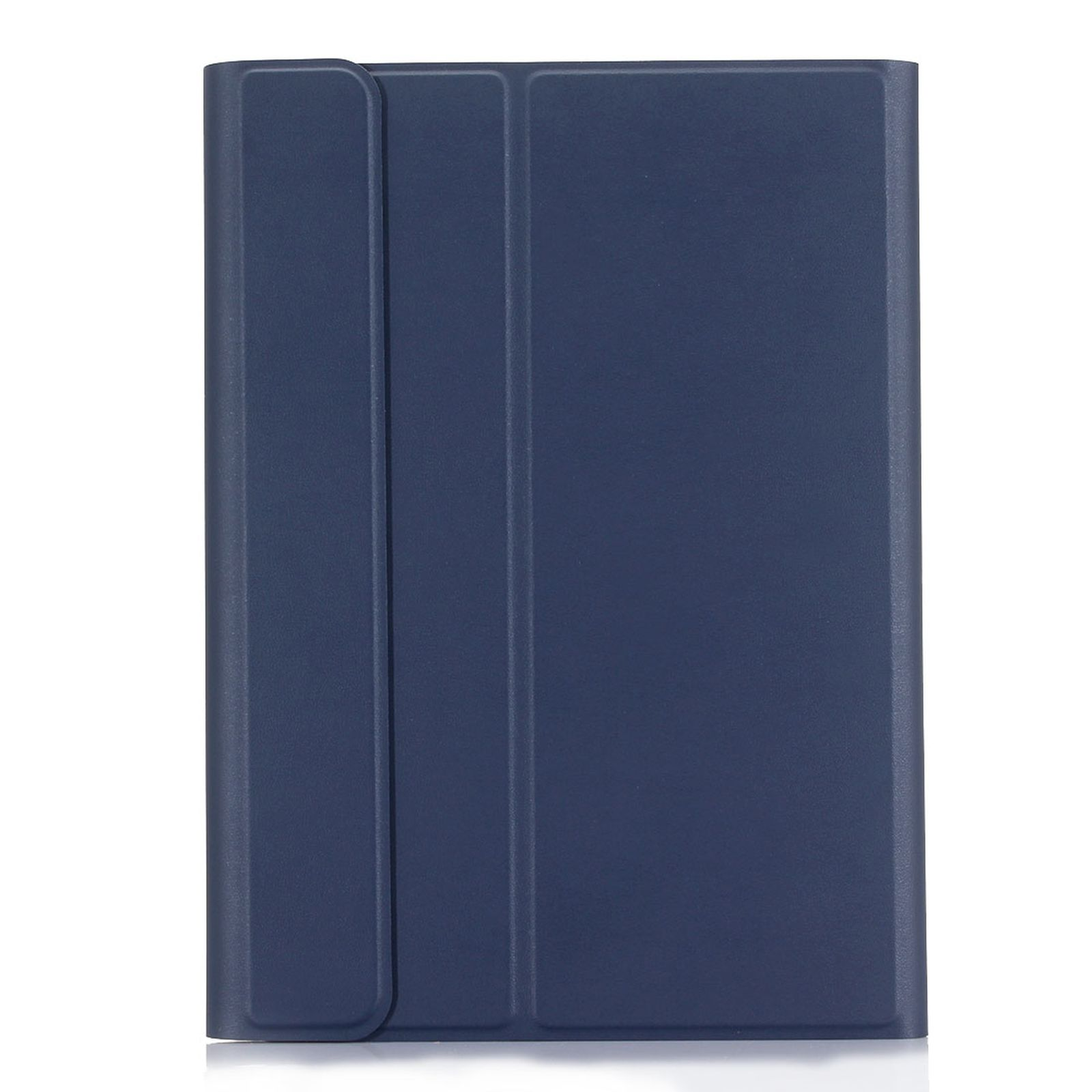 Eine dunkelblaue Tablethülle wird geschlossen mit vertikalem Design gezeigt.