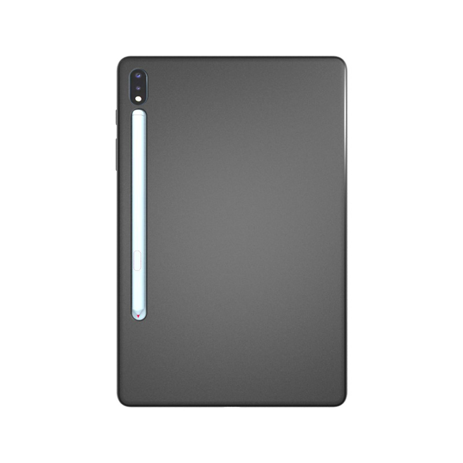 Graue Tablet-Hülle mit Stift. Die Rückseite der Hülle ist flach grau. Der Stift ist weiß.