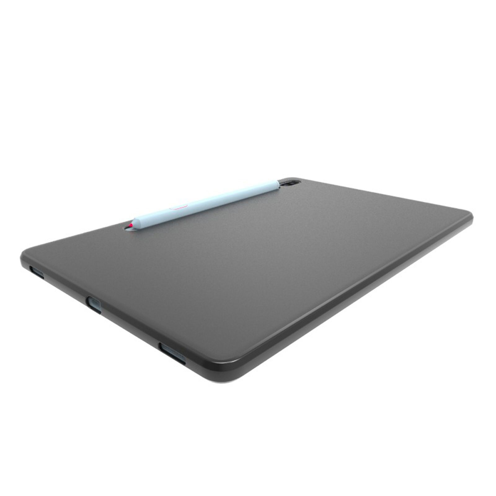 Graues Tablet mit Stift auf weißem Hintergrund.