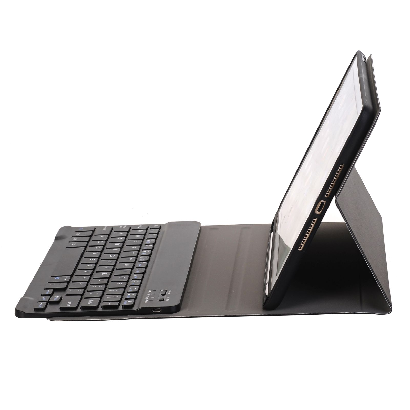 Schwarzes Tablet mit Tastatur. Tablet ist geöffnet. Weißer Hintergrund.