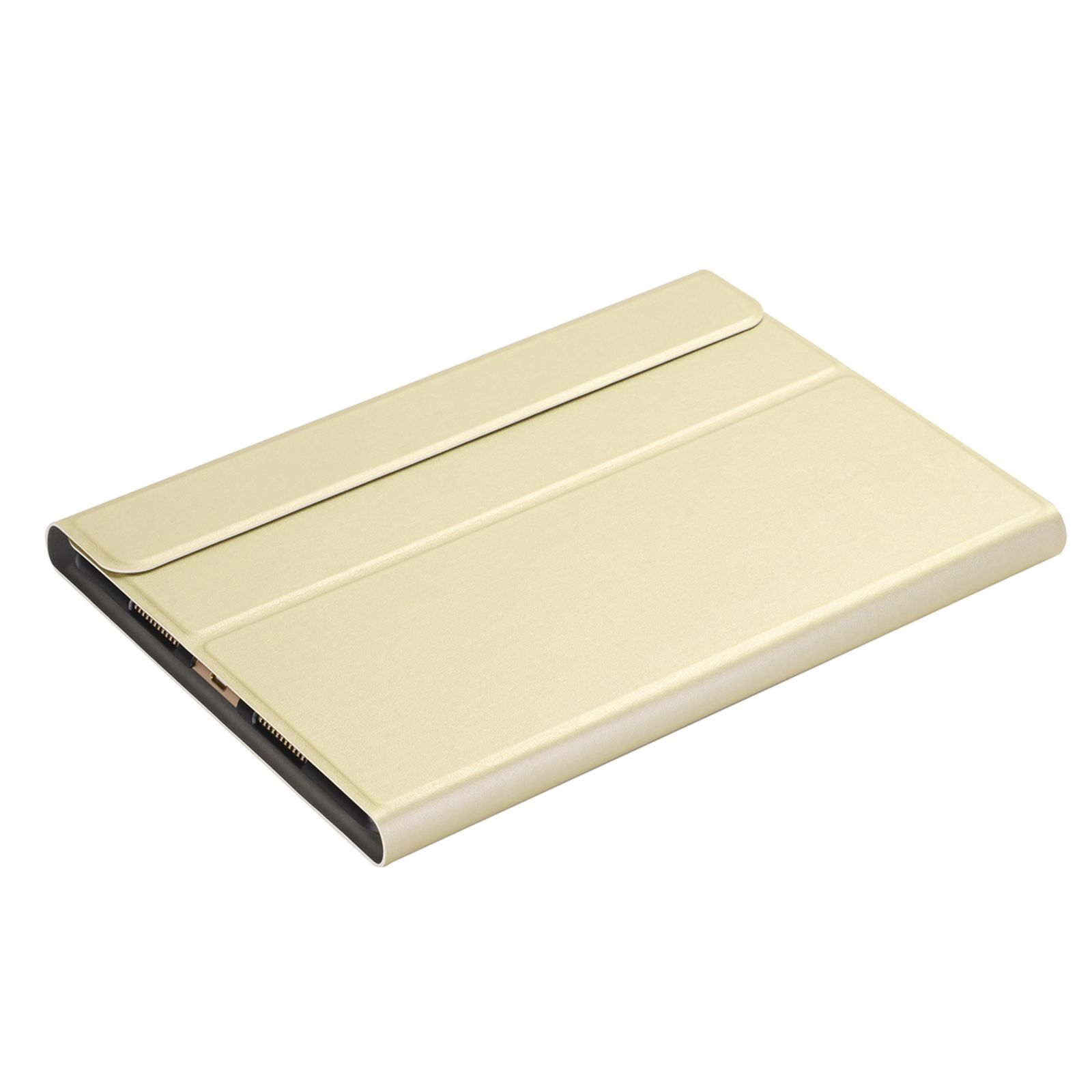 Eine beige Tablethülle mit einem Deckel, der sich umklappt. Die Hülle ist geschlossen.