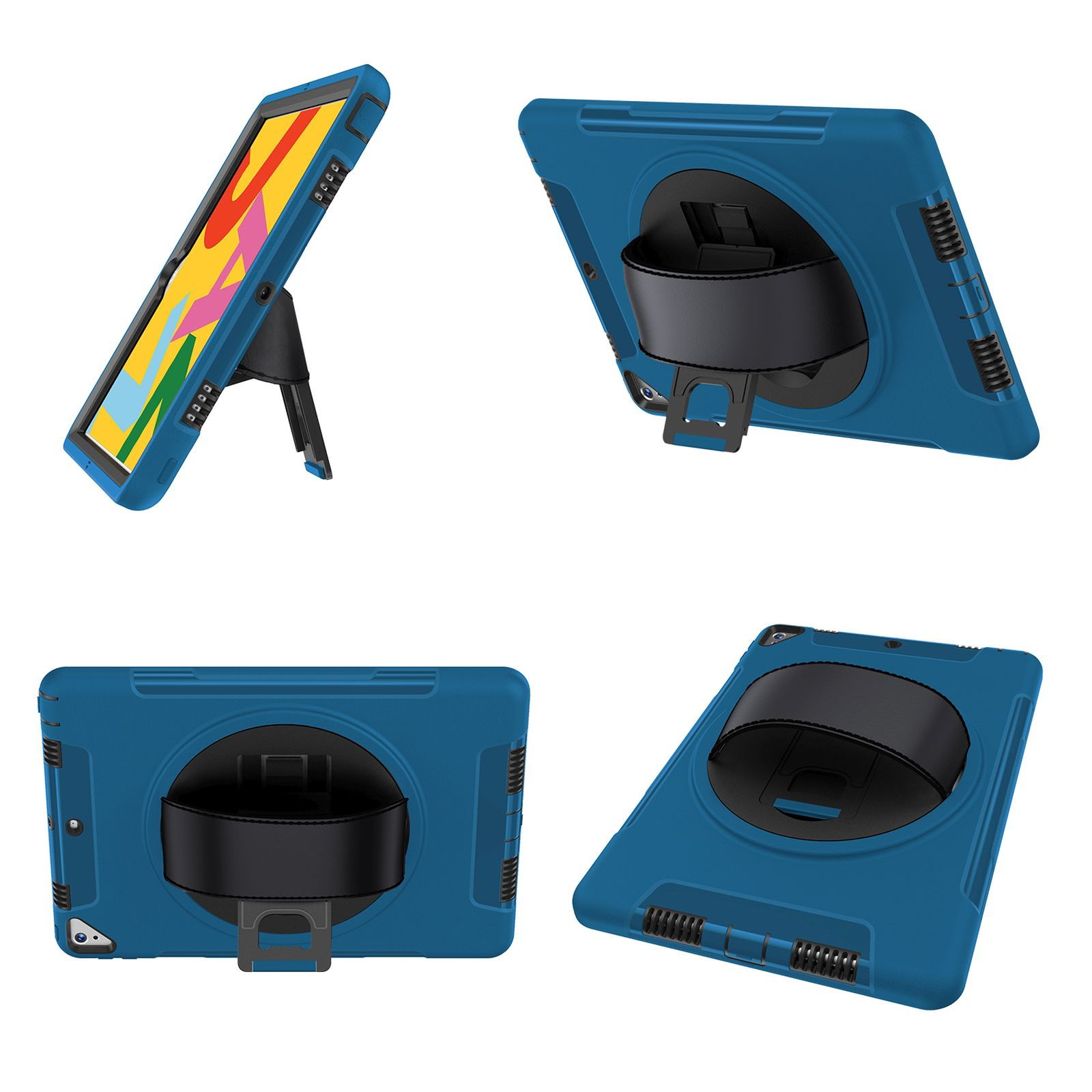 Blaue Tablethülle, mehrere Ansichten. Mit Ständer, Handschlaufe und Schutzdesign. Vier verschiedene Winkel.