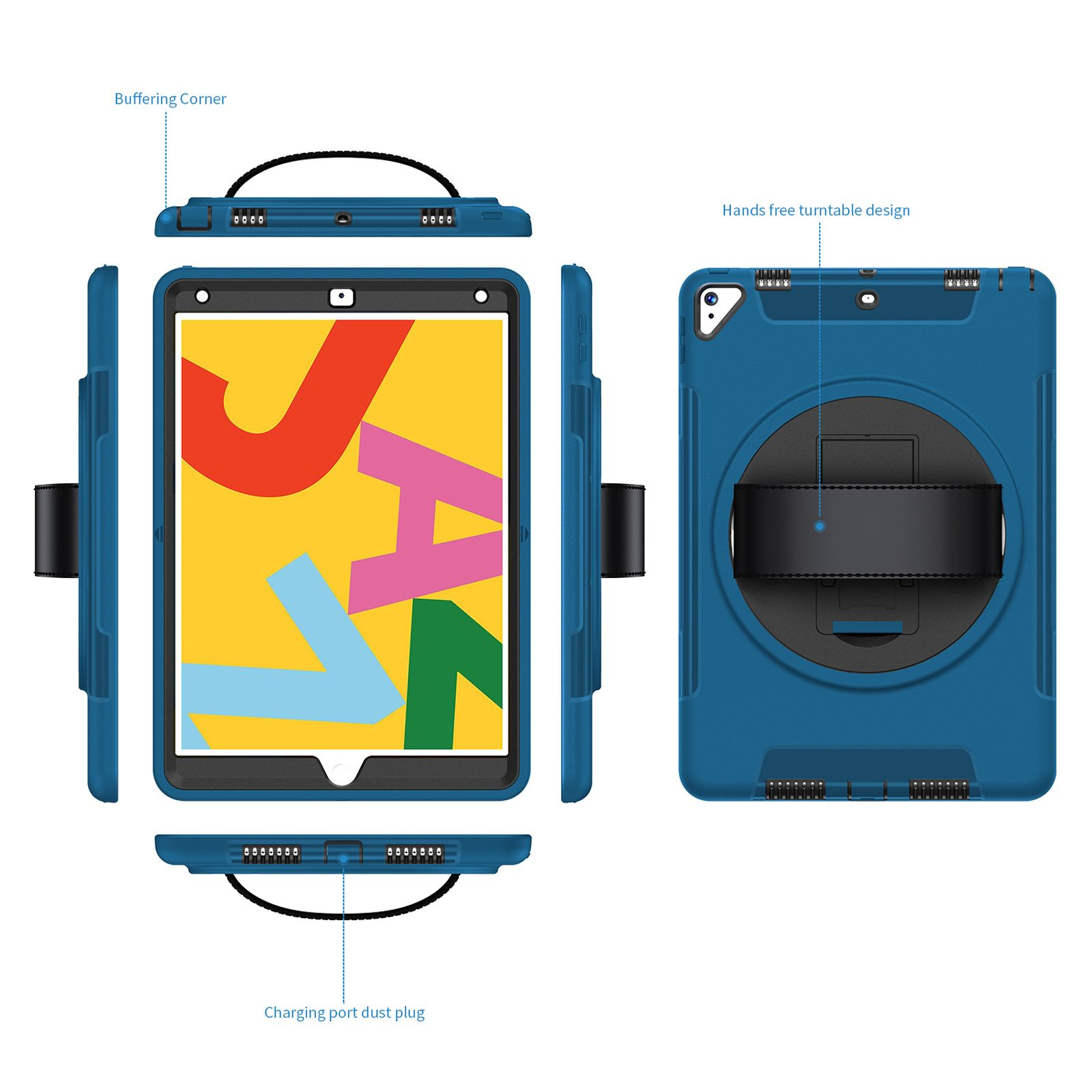 Blaue Tablet-Hülle mit schwarzem Riemen. Enthält Pufferecke und Ladeanschlussstecker.