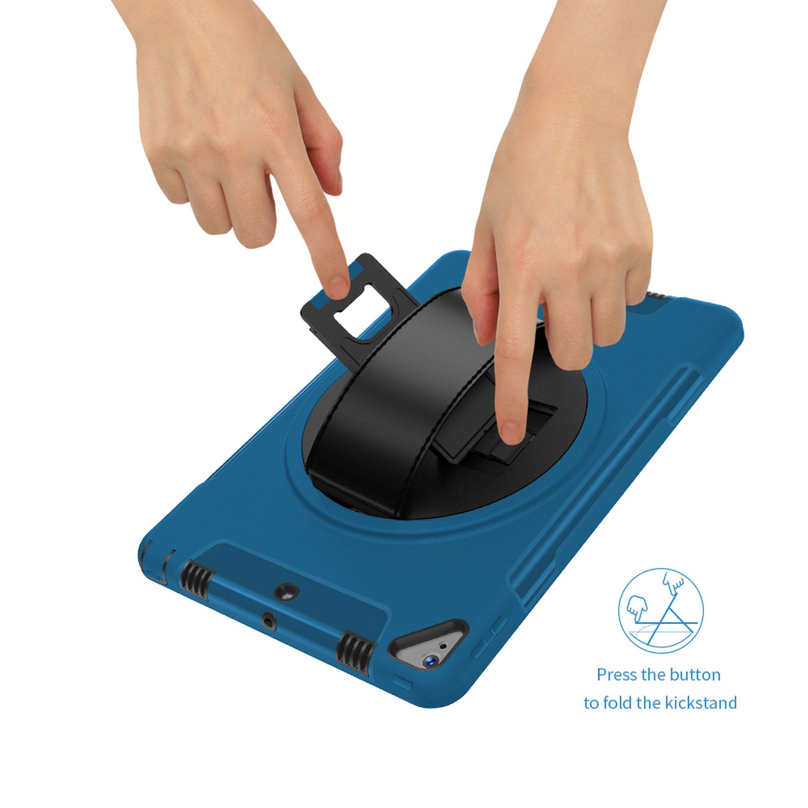 Eine blaue Tablet-Hülle mit schwarzem Riemen. Hände passen den Ständer an.