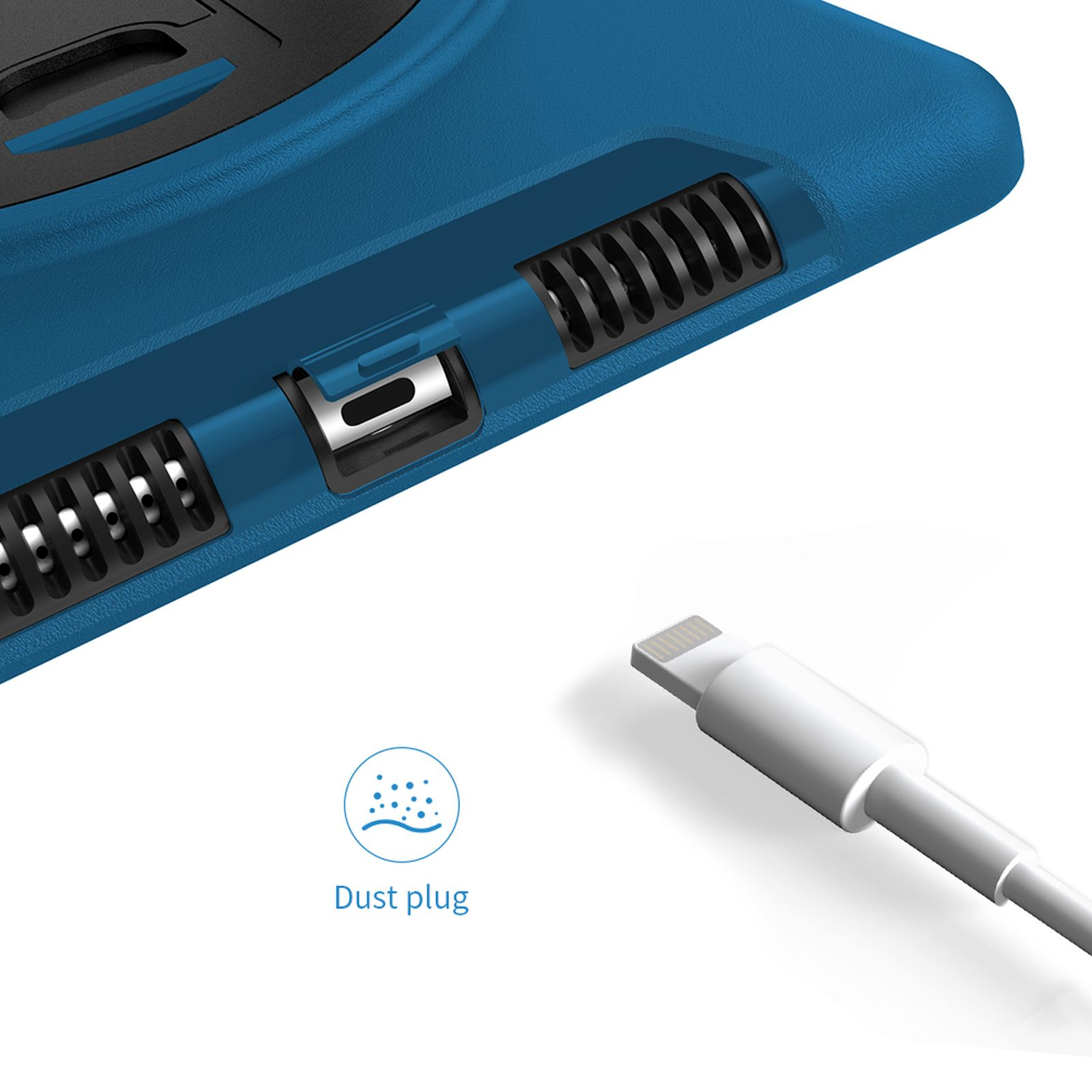 Eine blaue Hülle mit Anschlüssen und einem weißen Ladekabel mit Staubstecker-Etikett.