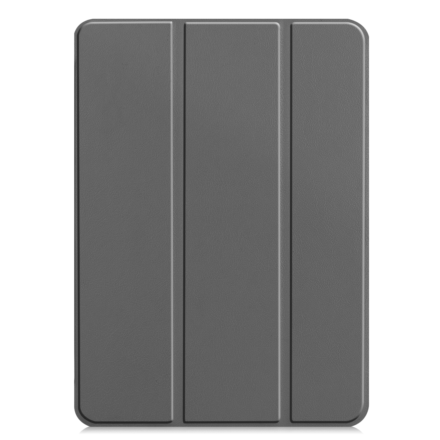 Geschlossene graue Tablethülle auf weißem Hintergrund. Es ist ein einfaches Design mit drei vertikalen Linien.