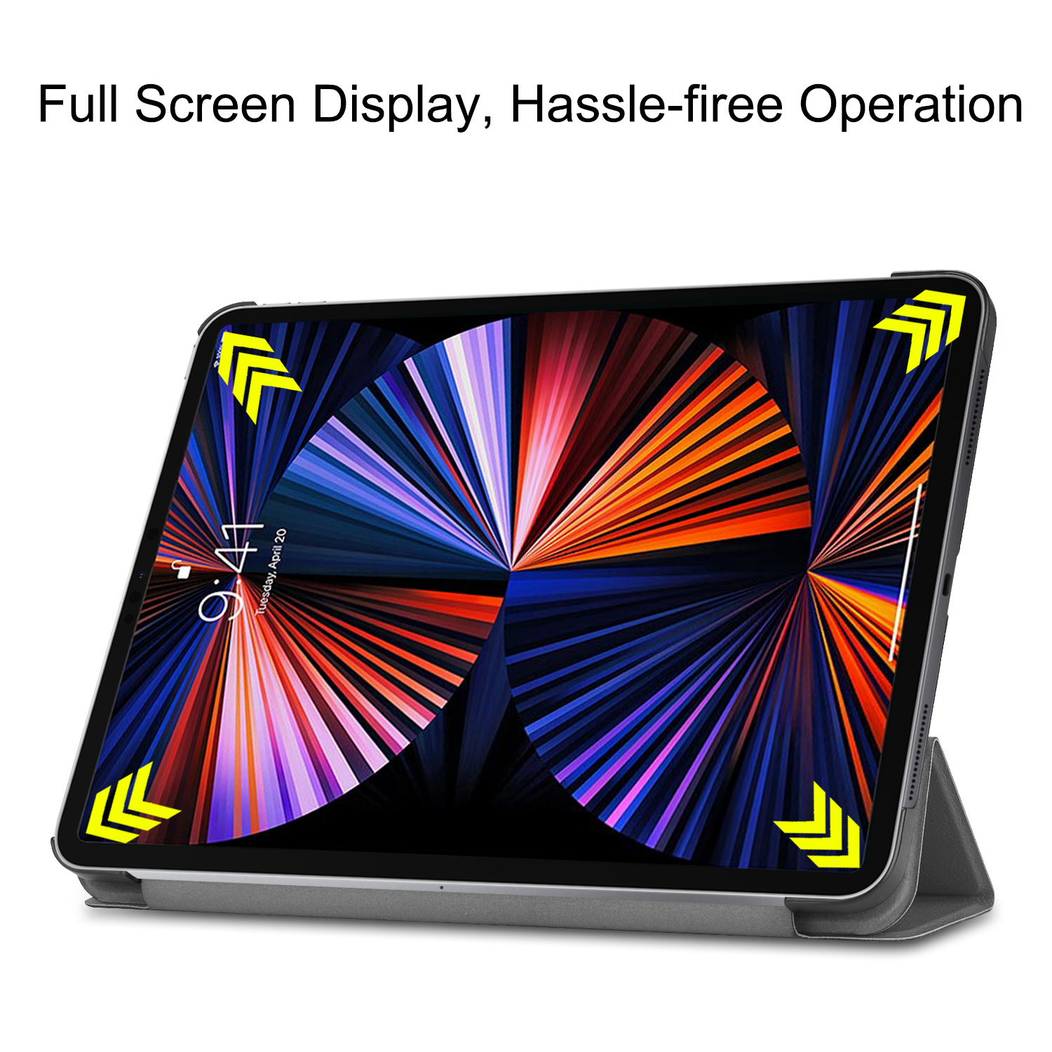 Tablet in einer Hülle, das einen bunten Bildschirm anzeigt. Pfeile markieren Ecken. Weißer Hintergrund.