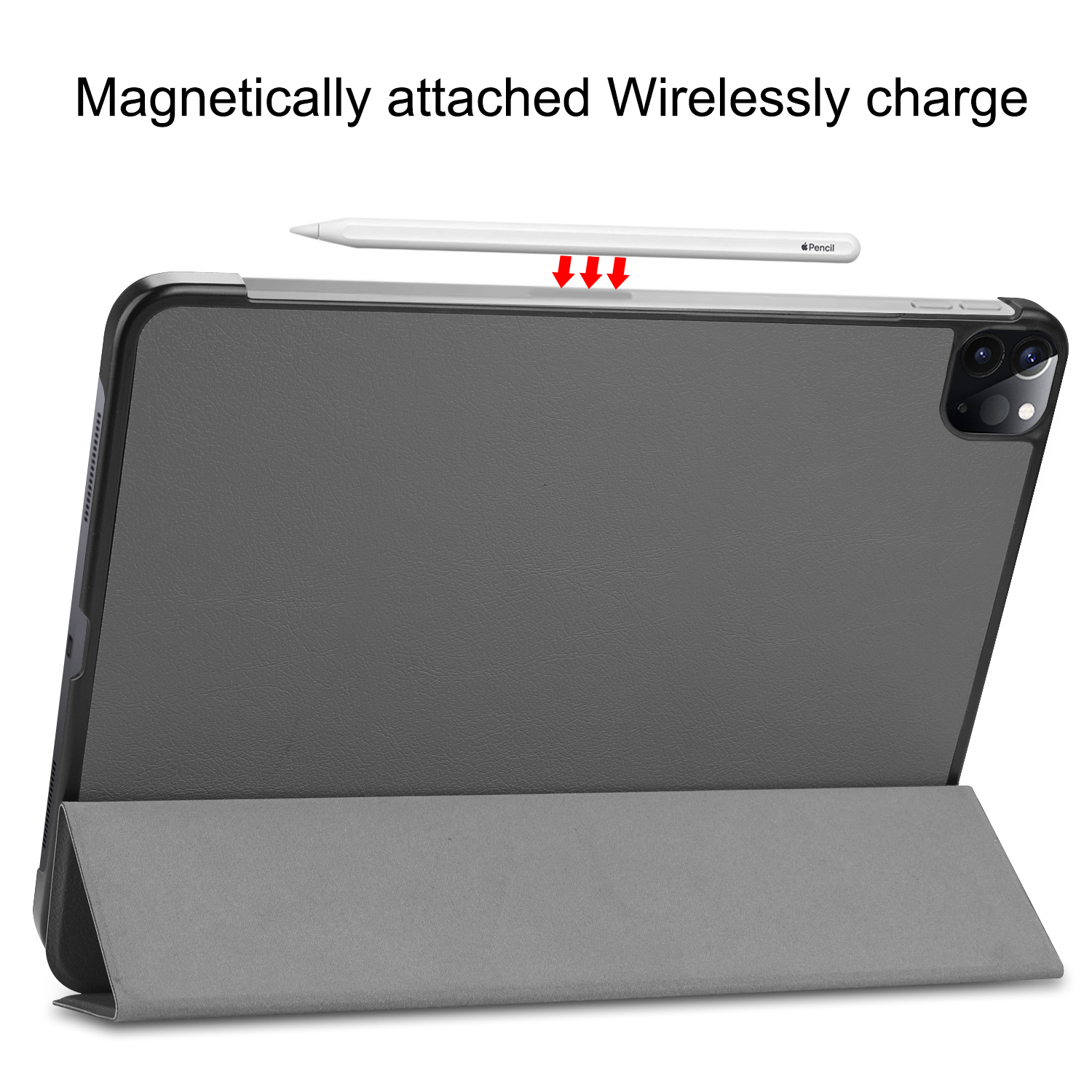 Tablet mit Hülle, ein Stift ist magnetisch befestigt. Die Hülle ist grau.