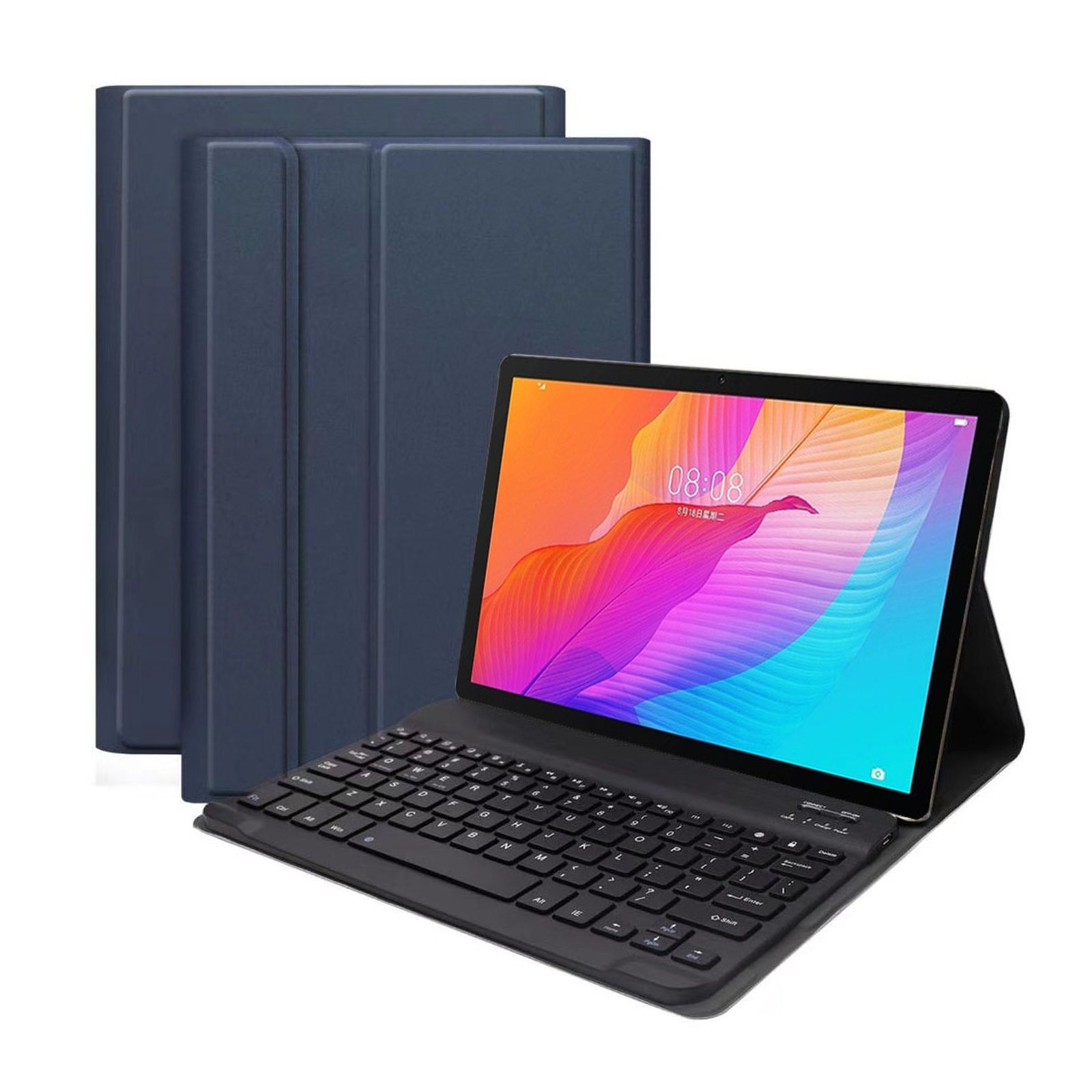 Tablet mit Tastatur und dunkelblauer Abdeckung. Hintergrund weiß.