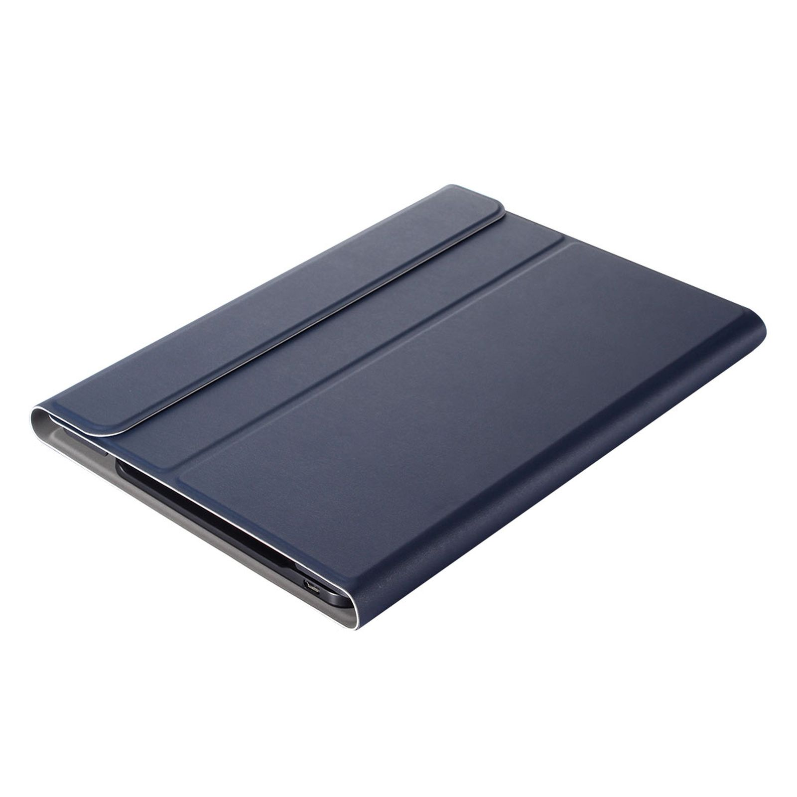 Eine dunkelblaue Tablethülle, geschlossen. Der Deckel hat einen Magnetverschluss.