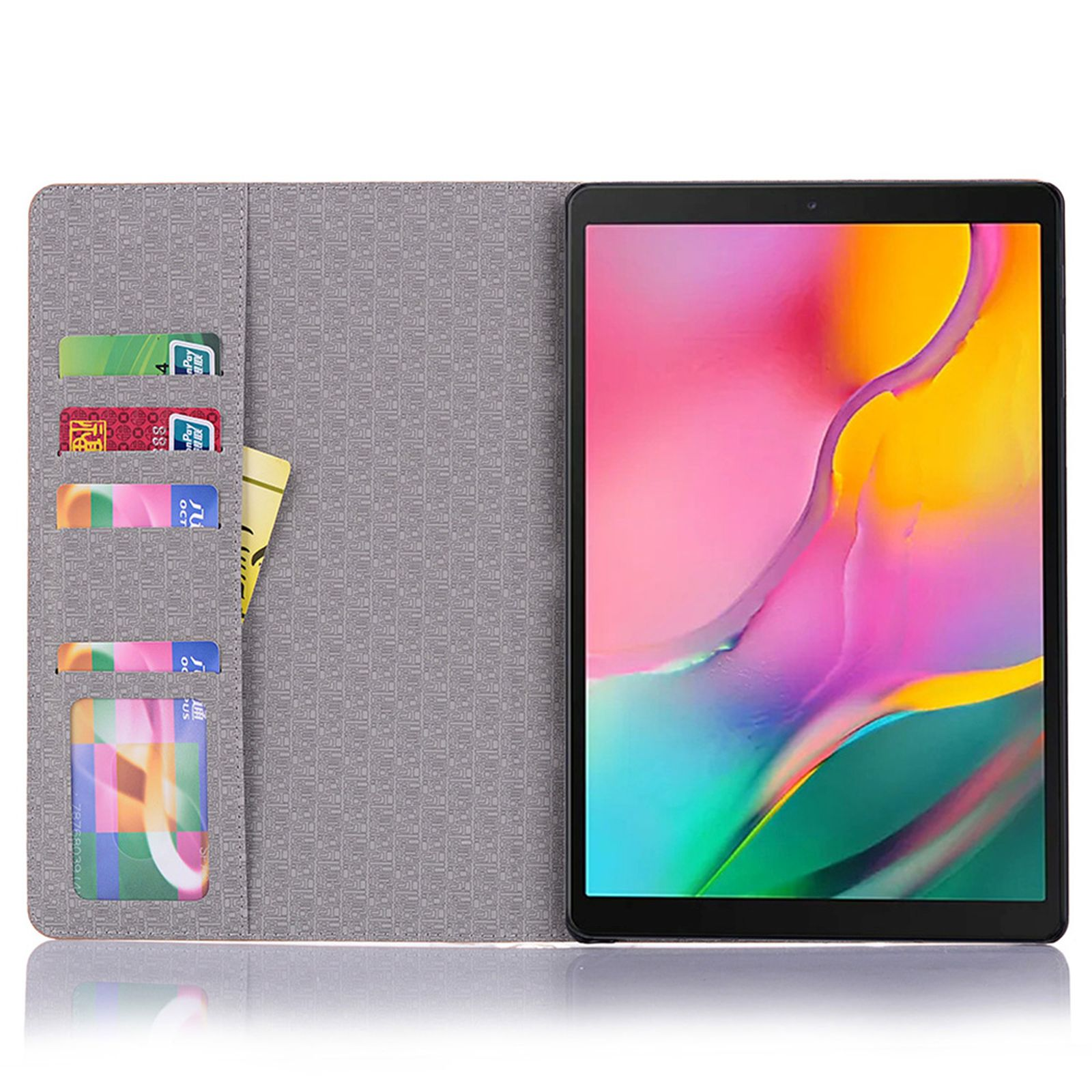 Tablet geöffnet, mit Kreditkartenfächern. Der Bildschirm zeigt ein farbenfrohes Bild.