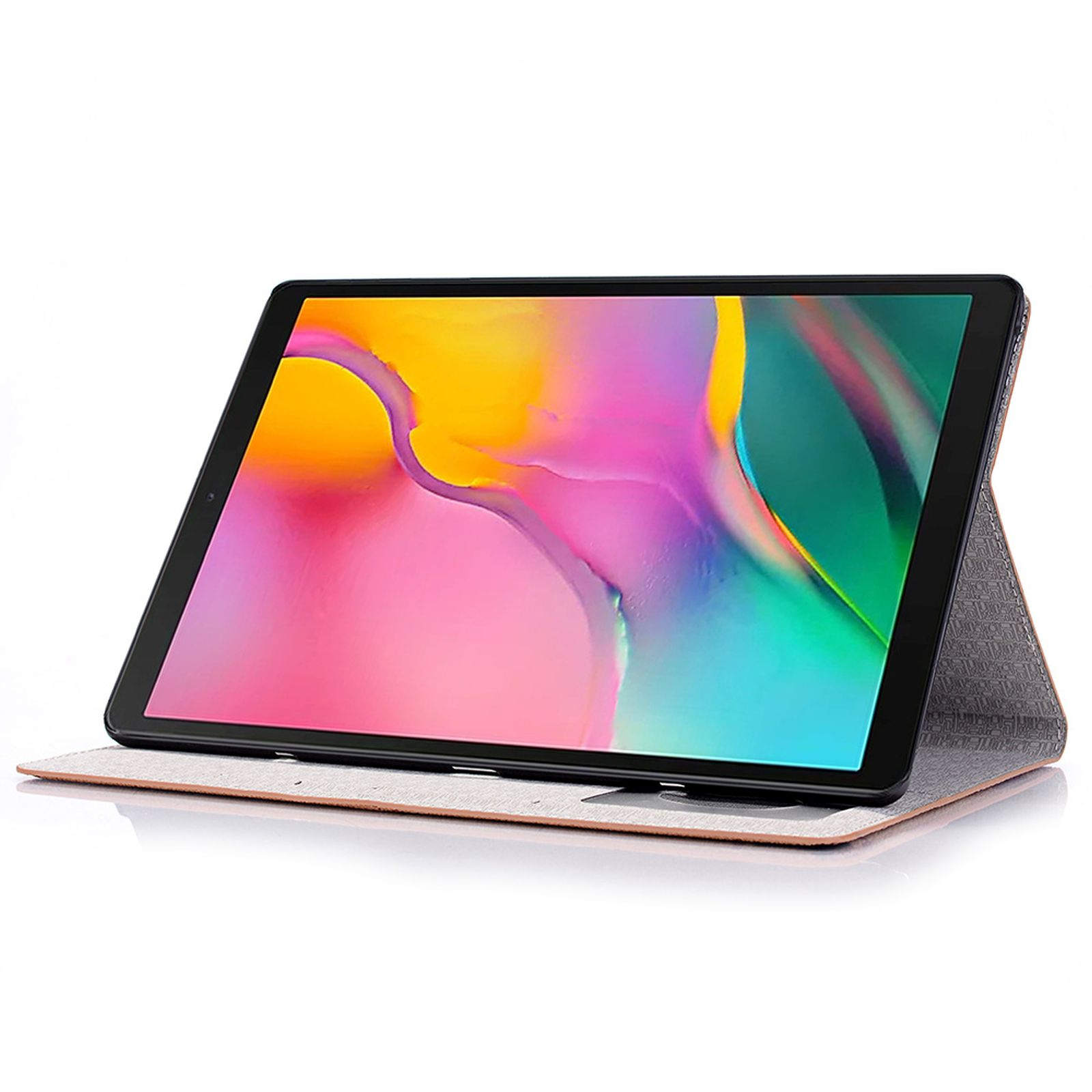 Tablet in einem Gehäuse, aufgestellt. Der Bildschirm zeigt ein farbenfrohes, abstraktes Bild.