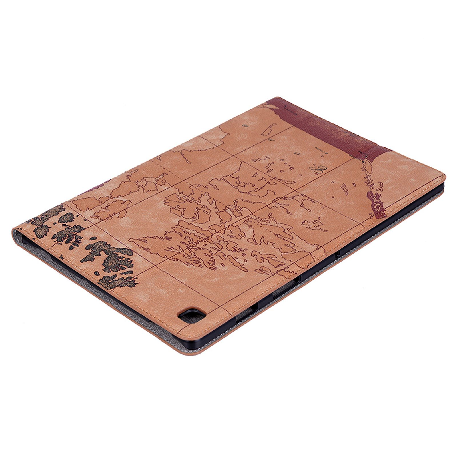 Braune Tablet-Hülle mit Kartenmotiv. Die Hülle ist geschlossen.