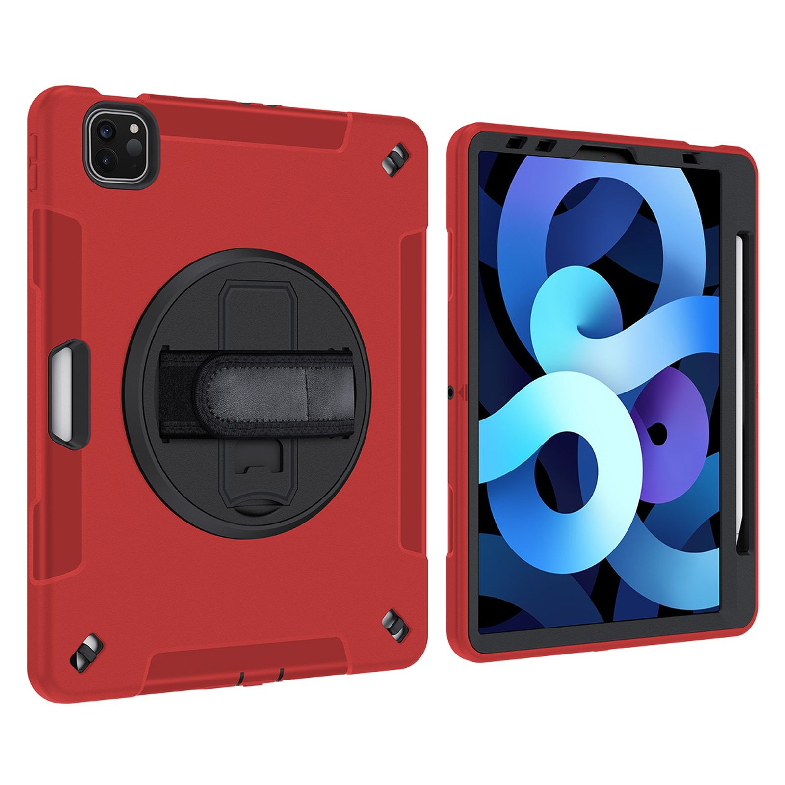 Rote Tablethülle mit schwarzem Riemen und schwarzem Ring. Das Tablet ist rechts.