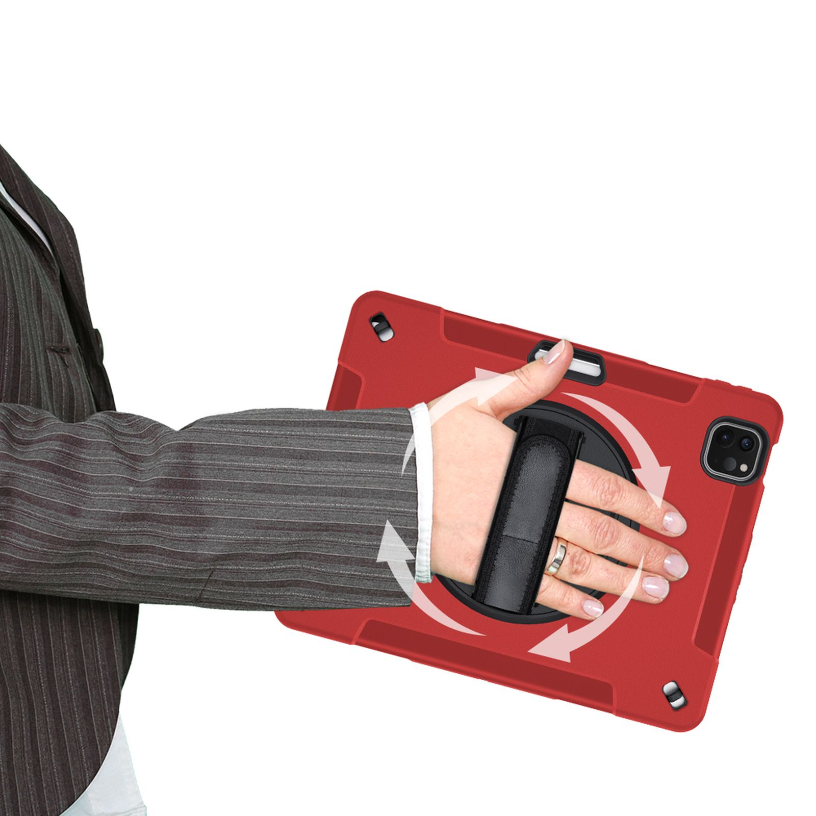 Hand, die ein rotes Tablet in einer Hülle mit drehbarem Riemen hält.