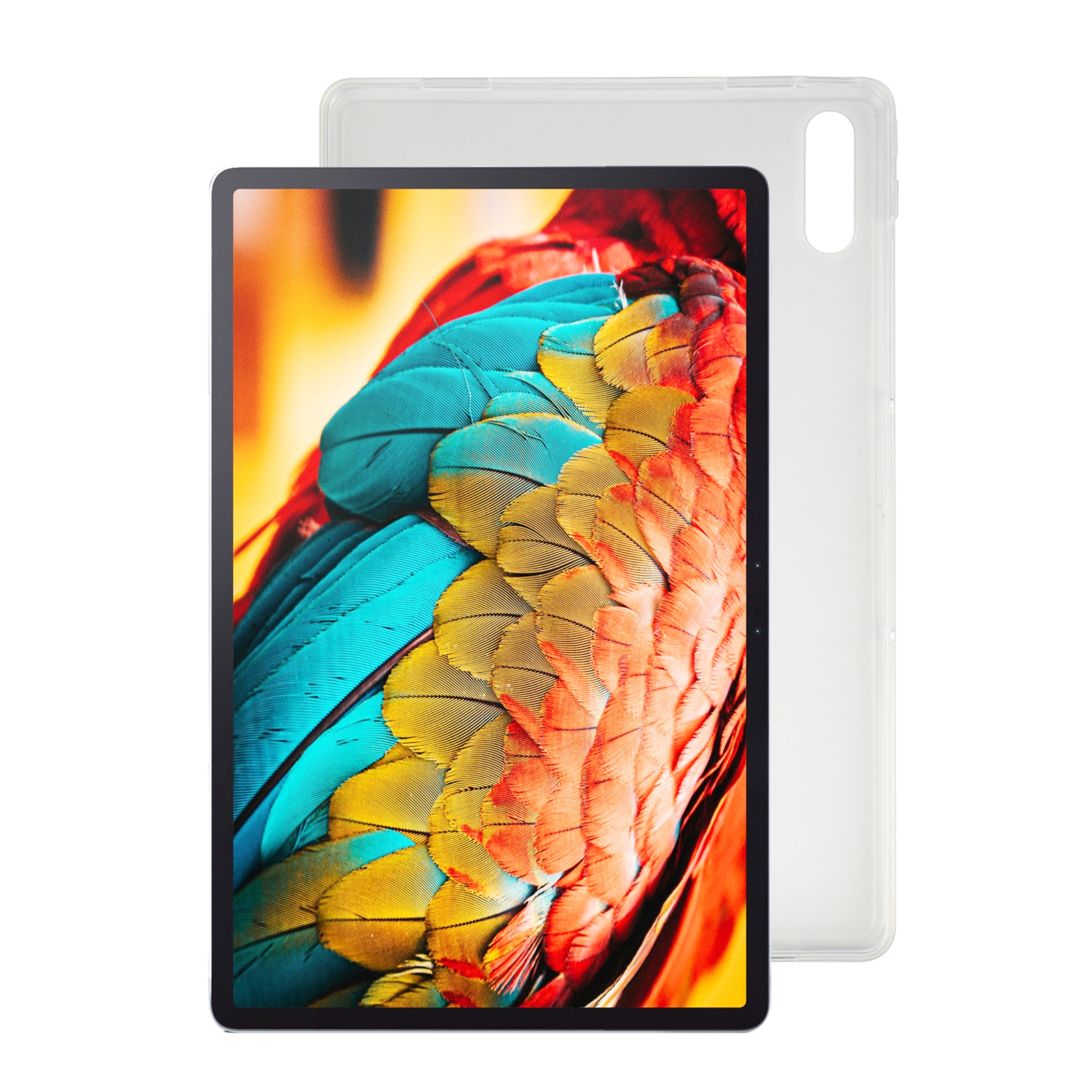 Tablet mit farbenfrohem Papageienfeder-Design auf dem Bildschirm. Die transparente Hülle ist dahinter.