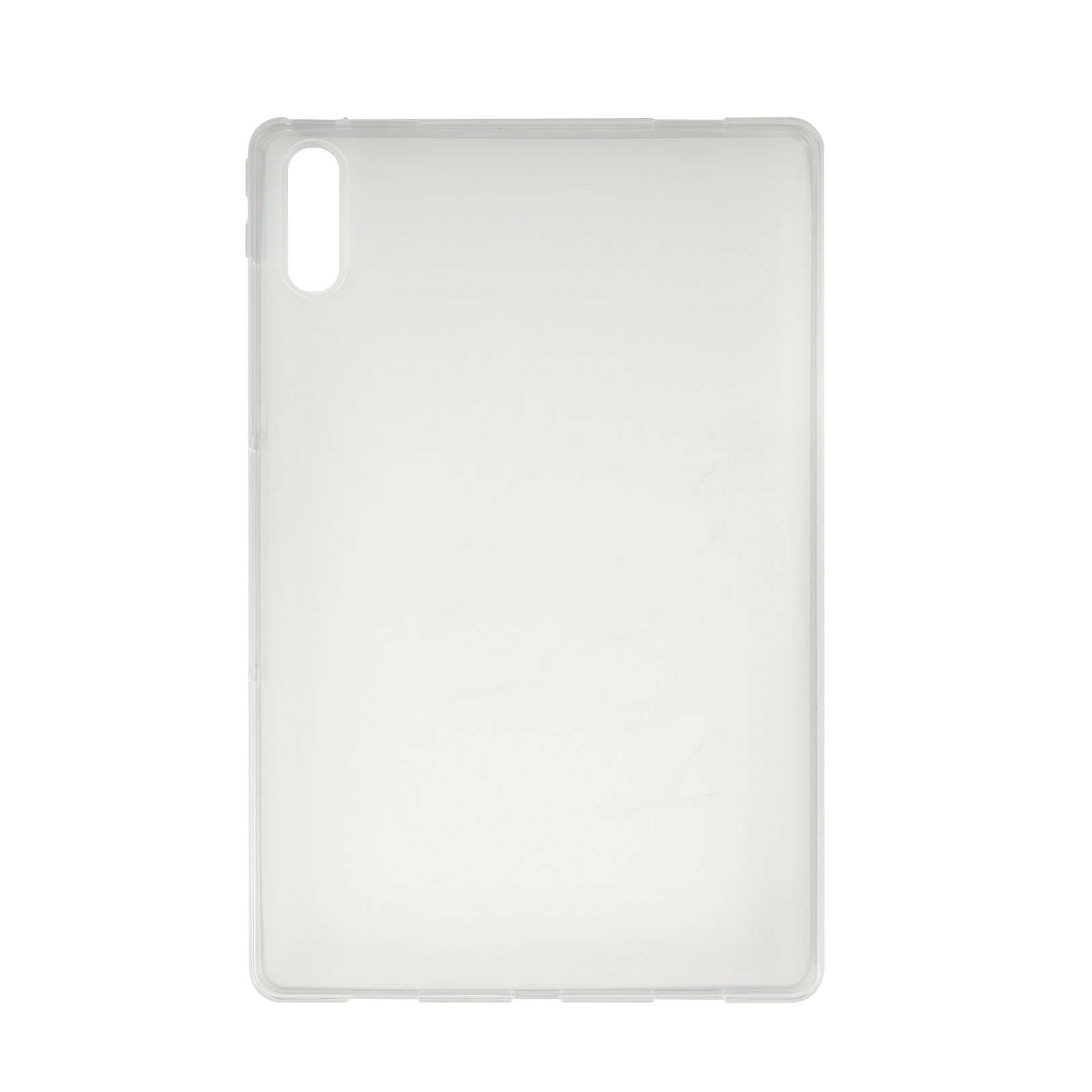 Transparente Tablethülle. Die Hülle hat einen Ausschnitt für die Kamera und ist transparent.