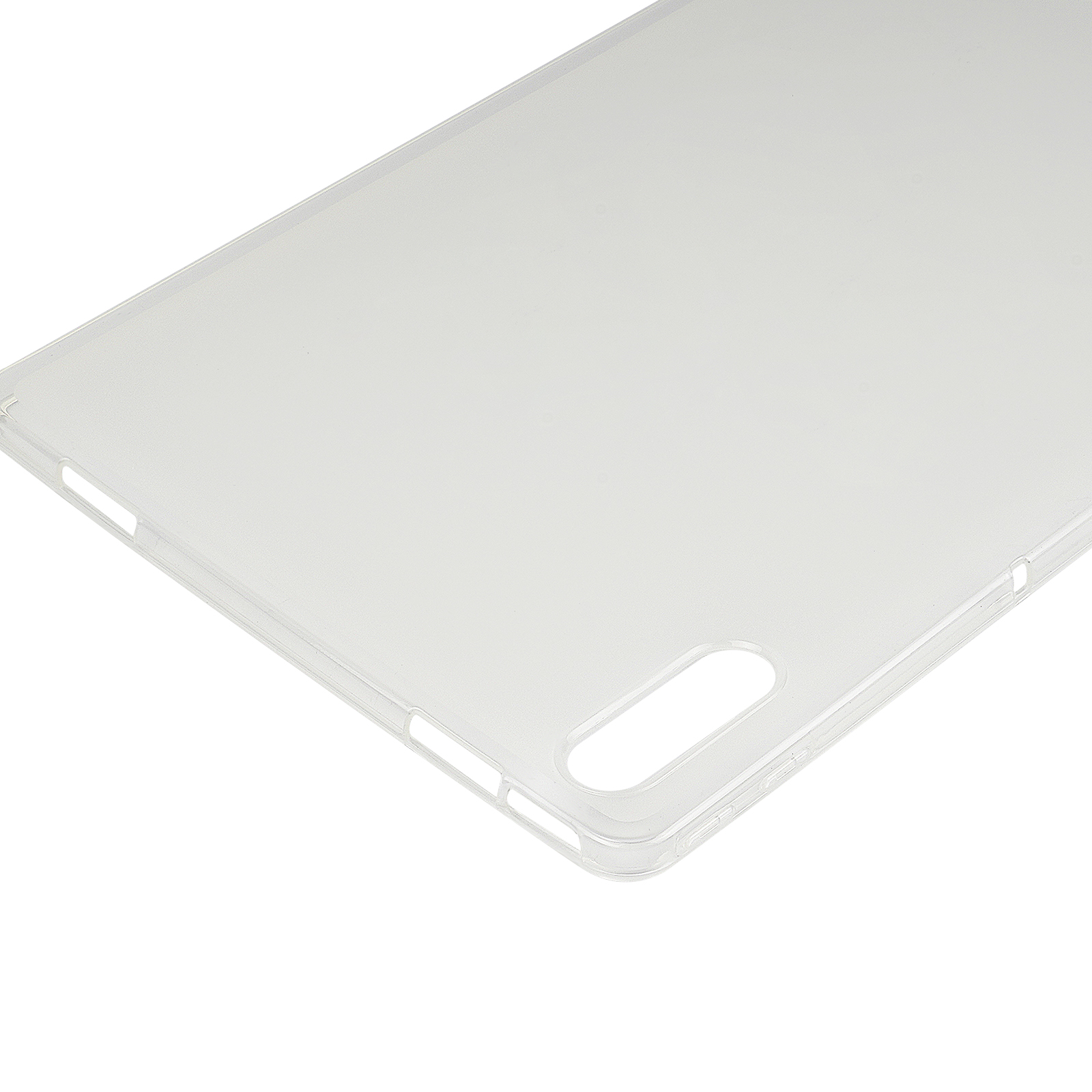 Transparente Tablet-Hülle. Rechteckige Form. Öffnungen für Kamera und andere Funktionen.