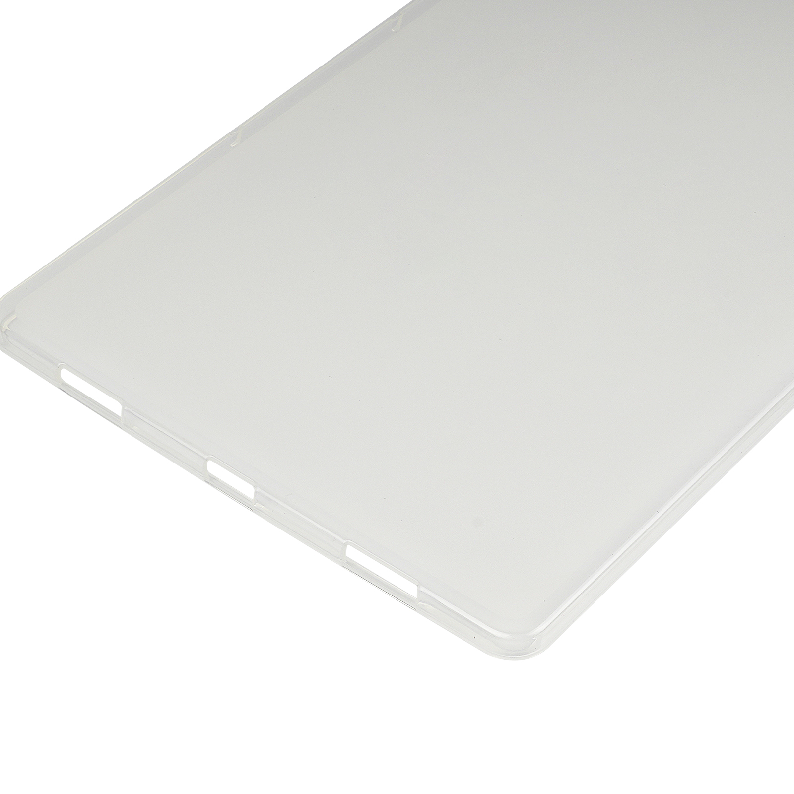 Eine transparente Tablet-Hülle aus Kunststoff mit Aussparungen. Die Hülle ist leicht angewinkelt und transparent.